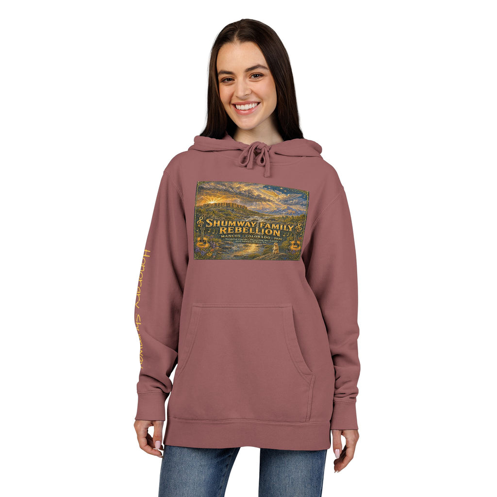 Honorary Shumway Mountain Lake Sunset hoodie | Vintage Landscape, Script Sleeve