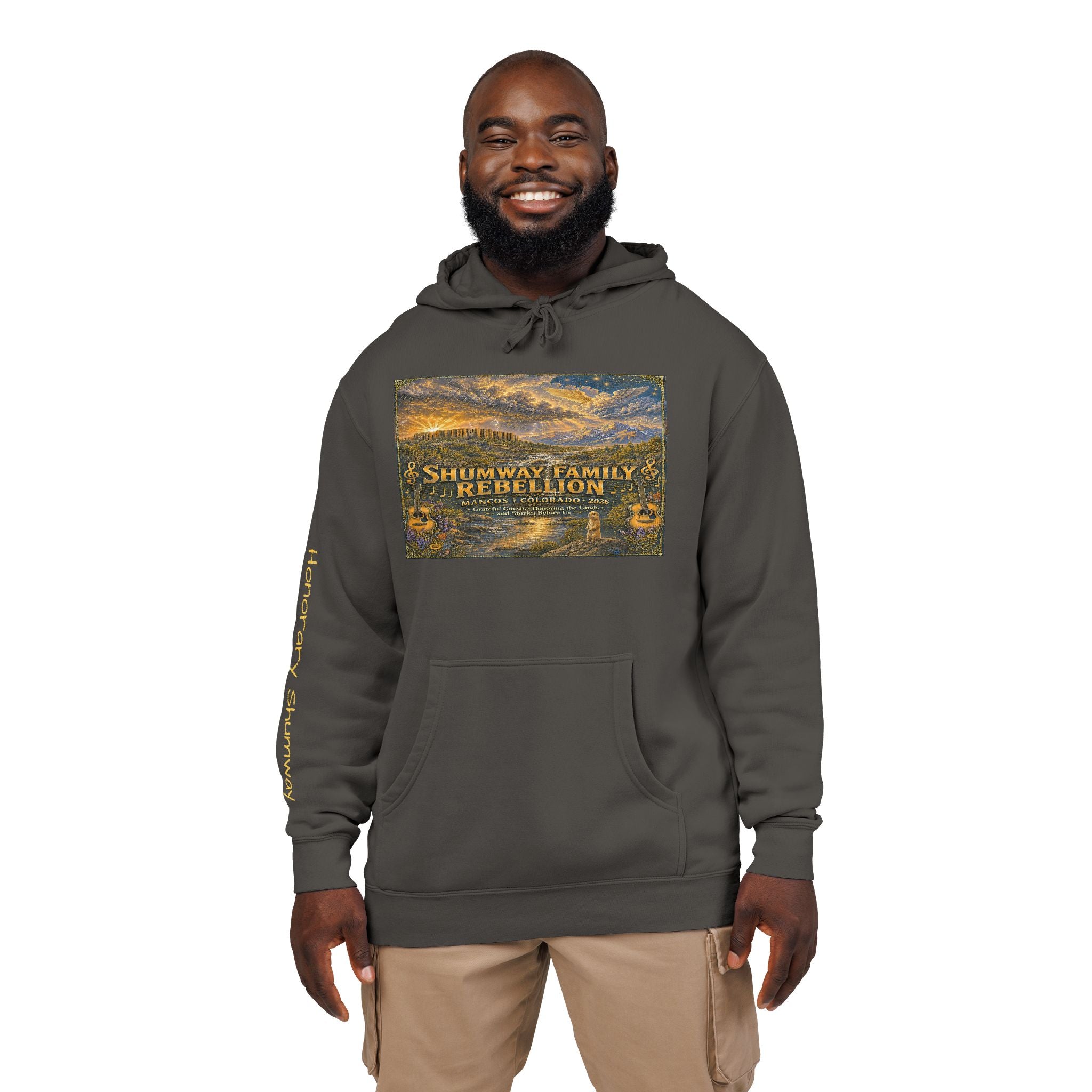 Honorary Shumway Mountain Lake Sunset hoodie | Vintage Landscape, Script Sleeve