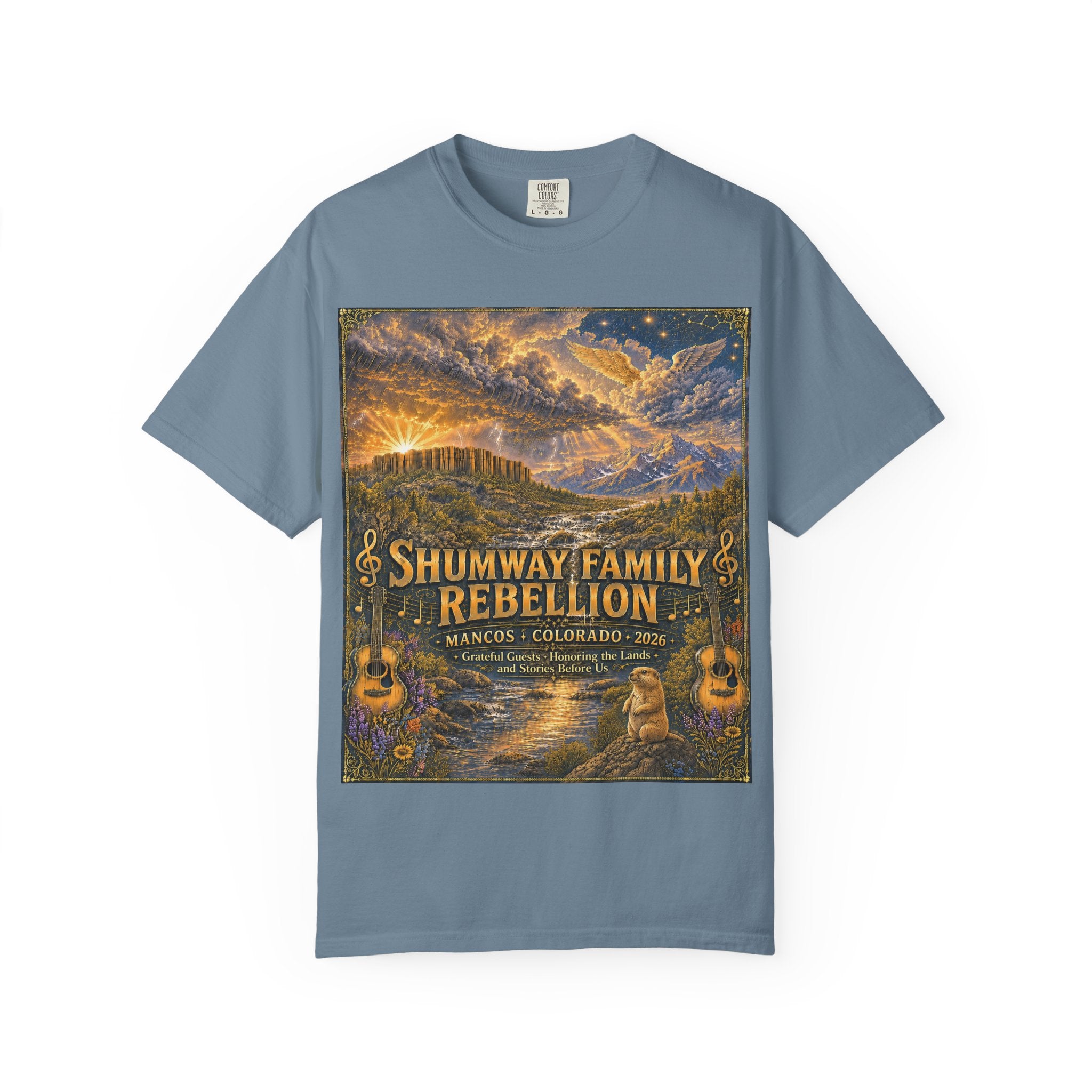 Shumway Family Rebellion T-shirt | Americana Sunset Landscape, Guitar Motif