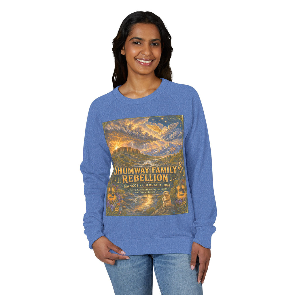 Shumway Family Rebellion Crewneck Sweater | Mountain Lake Concert Poster Design