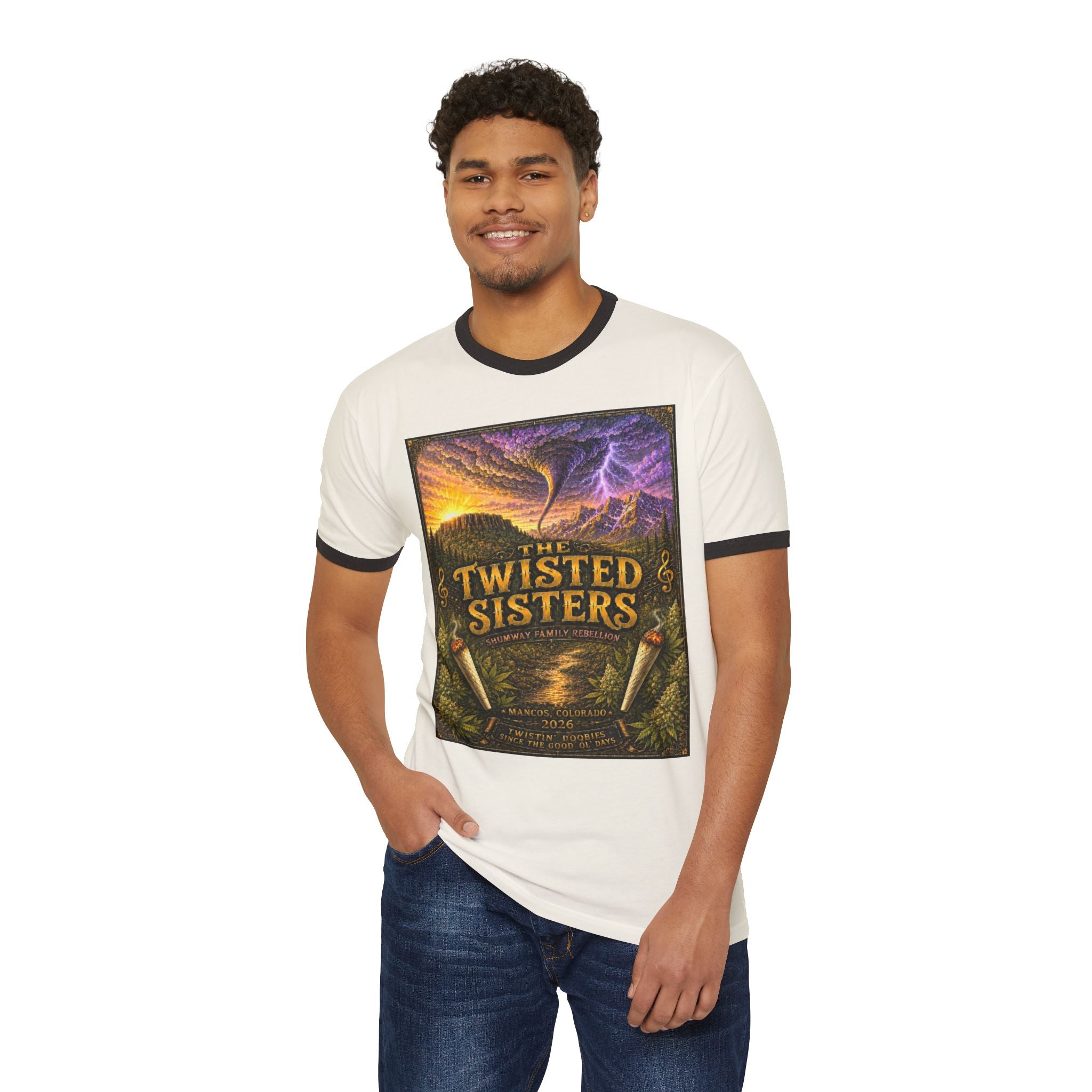 The Twisted Sisters Shumway Family Rebellion Poster T-Shirt | Mountain Lightning Scene