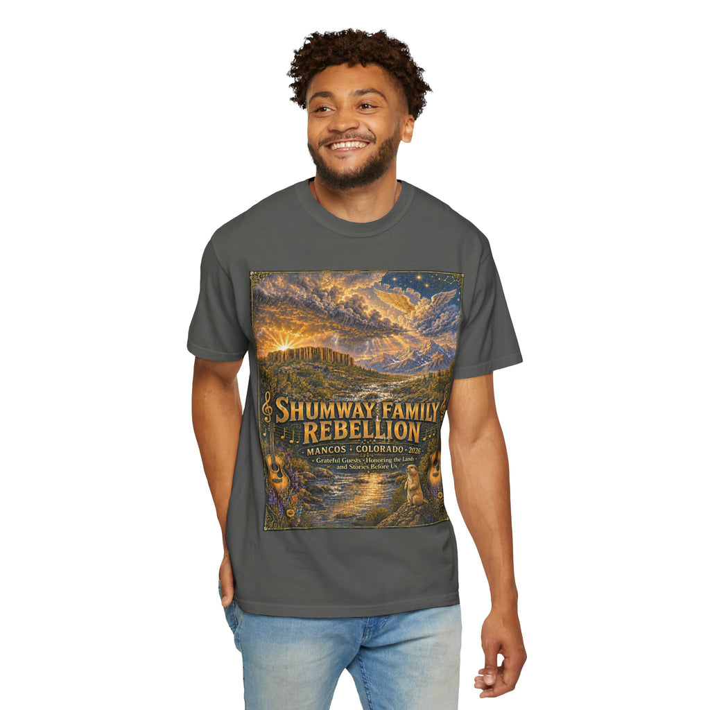Shumway Family Rebellion T-shirt | Americana Sunset Landscape, Guitar Motif