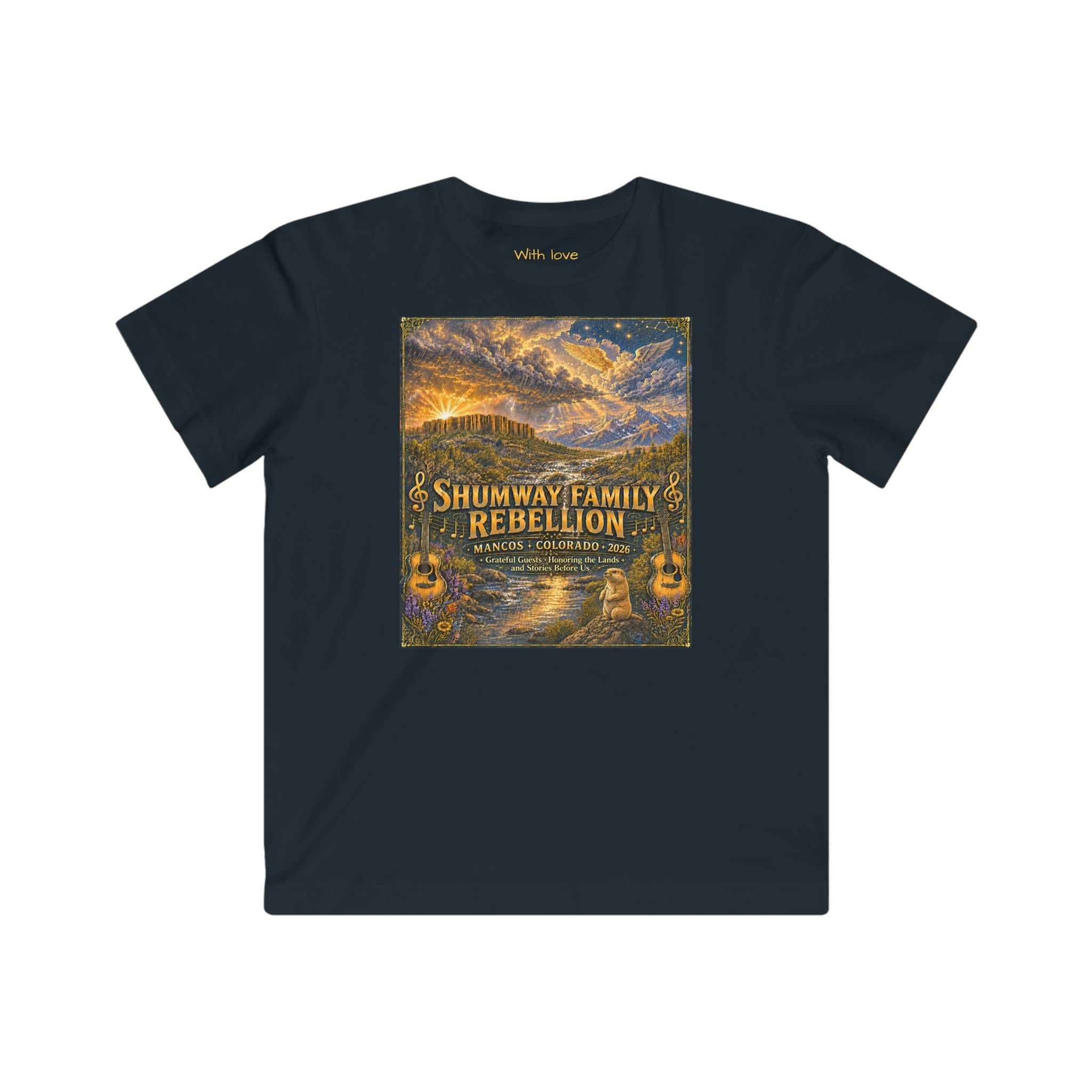 Shumway Family Rebellion Kids Tee | Mountain Nightscape, Guitars