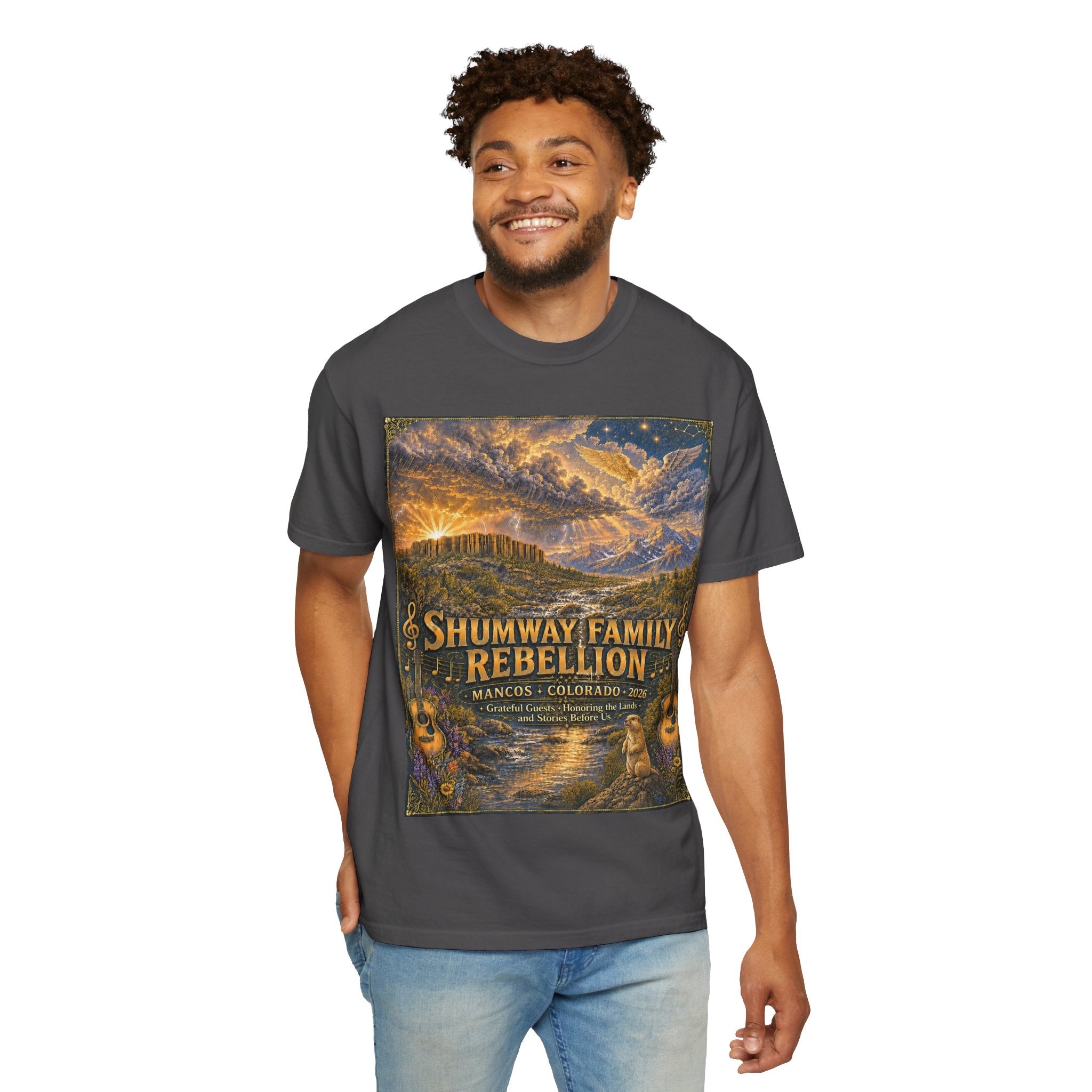 Shumway Family Rebellion T-shirt | Americana Sunset Landscape, Guitar Motif