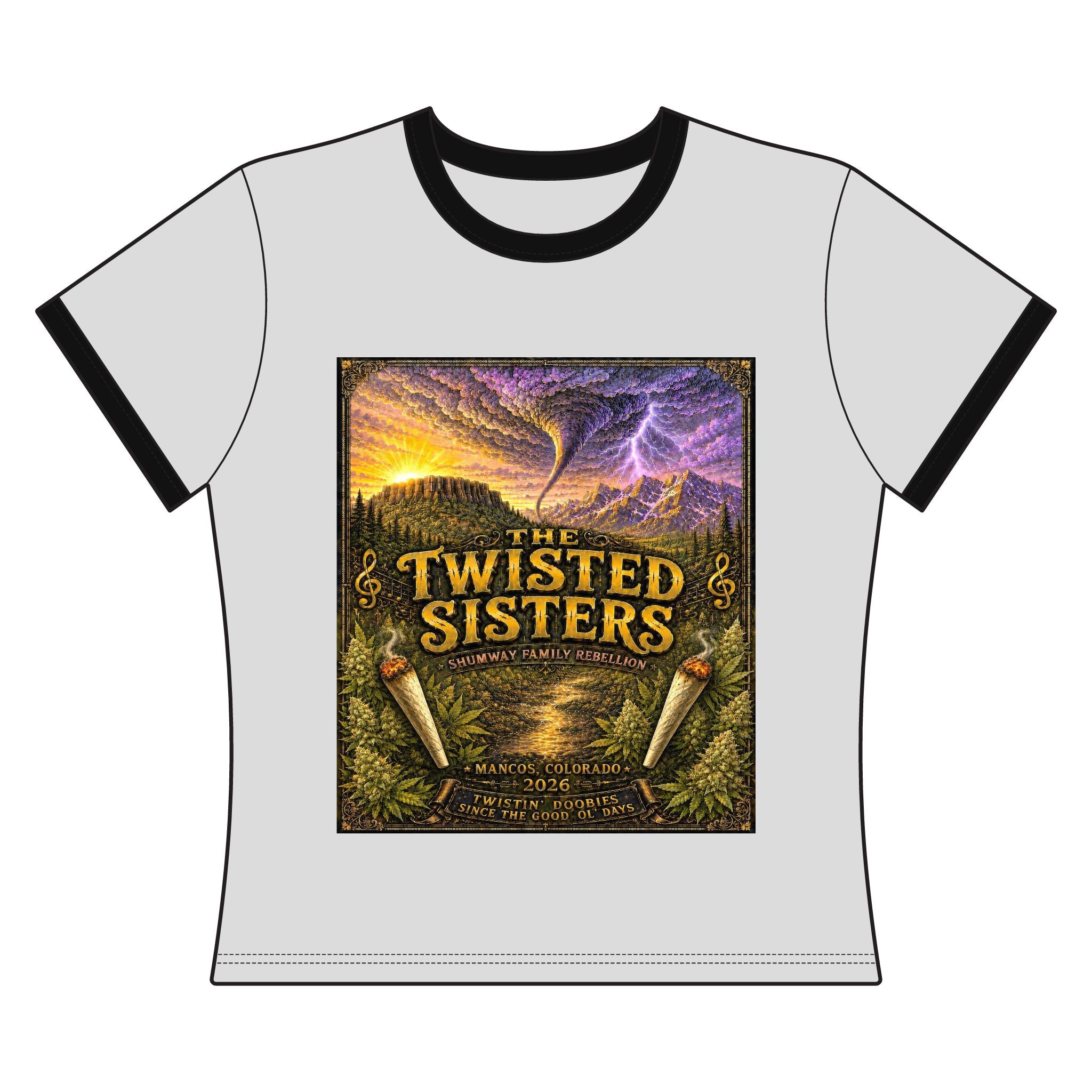The Twisted Sisters Shumway Family Rebellion poster art Ringer Tee | Tornado concert graphic tee
