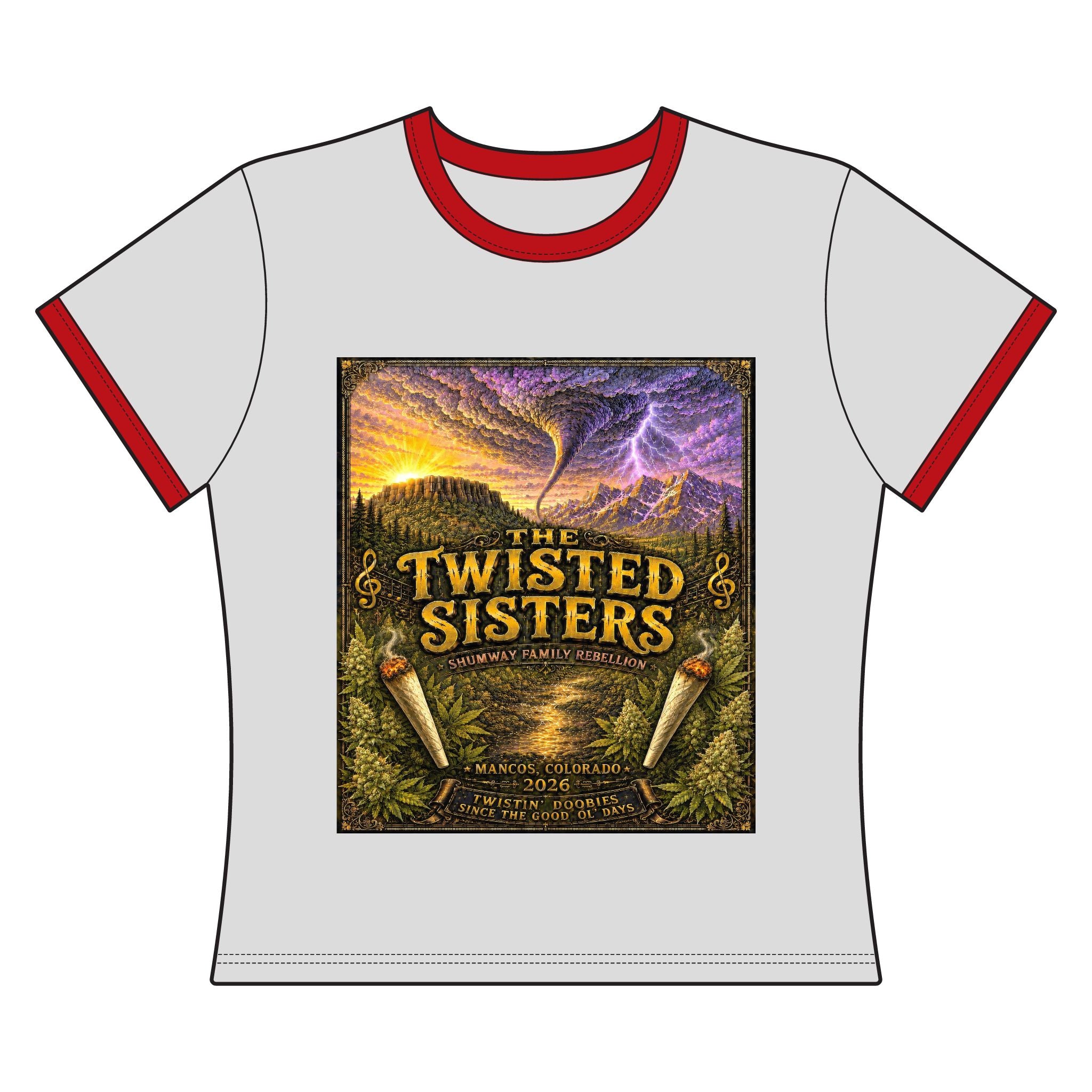 The Twisted Sisters Shumway Family Rebellion poster art Ringer Tee | Tornado concert graphic tee