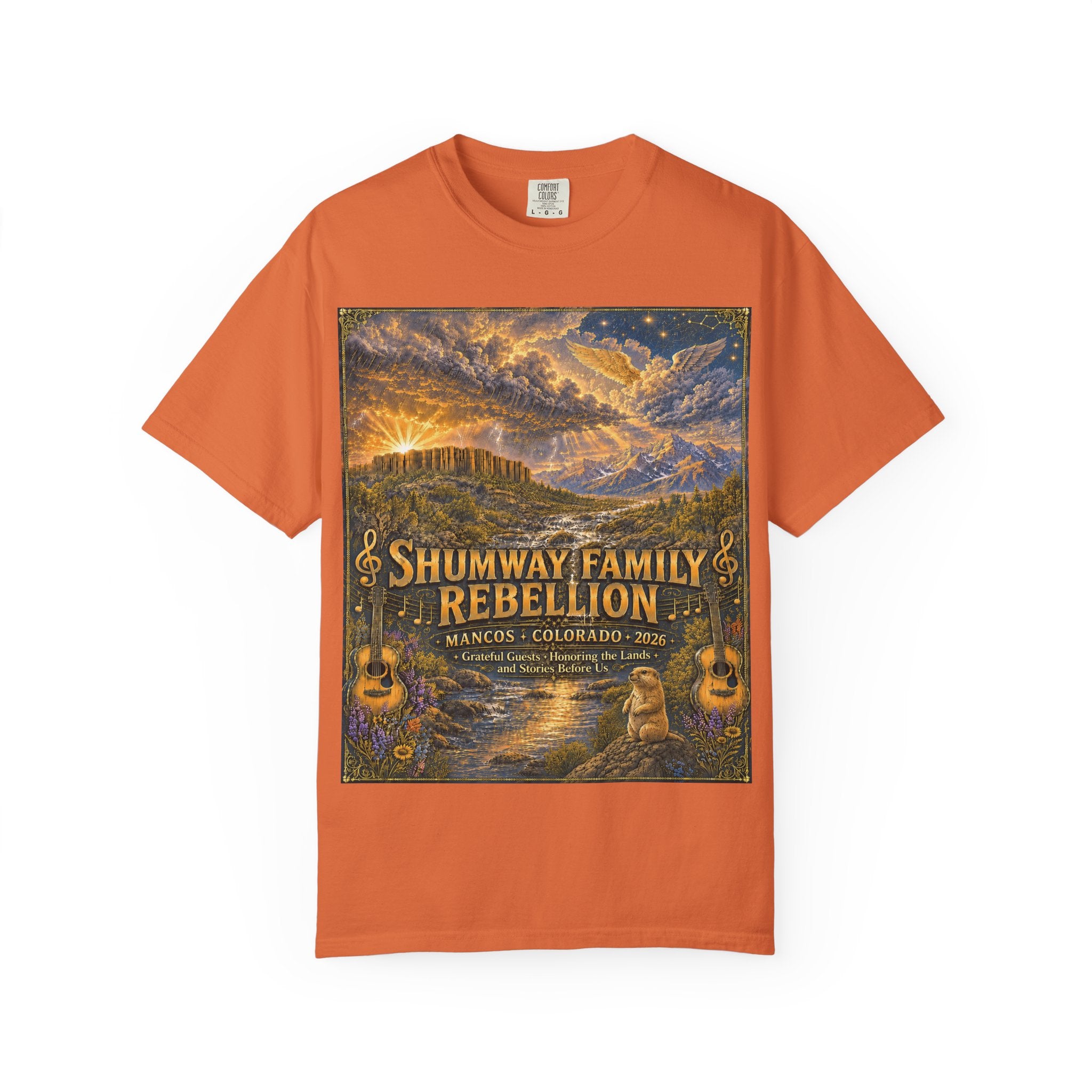 Shumway Family Rebellion T-shirt | Americana Sunset Landscape, Guitar Motif