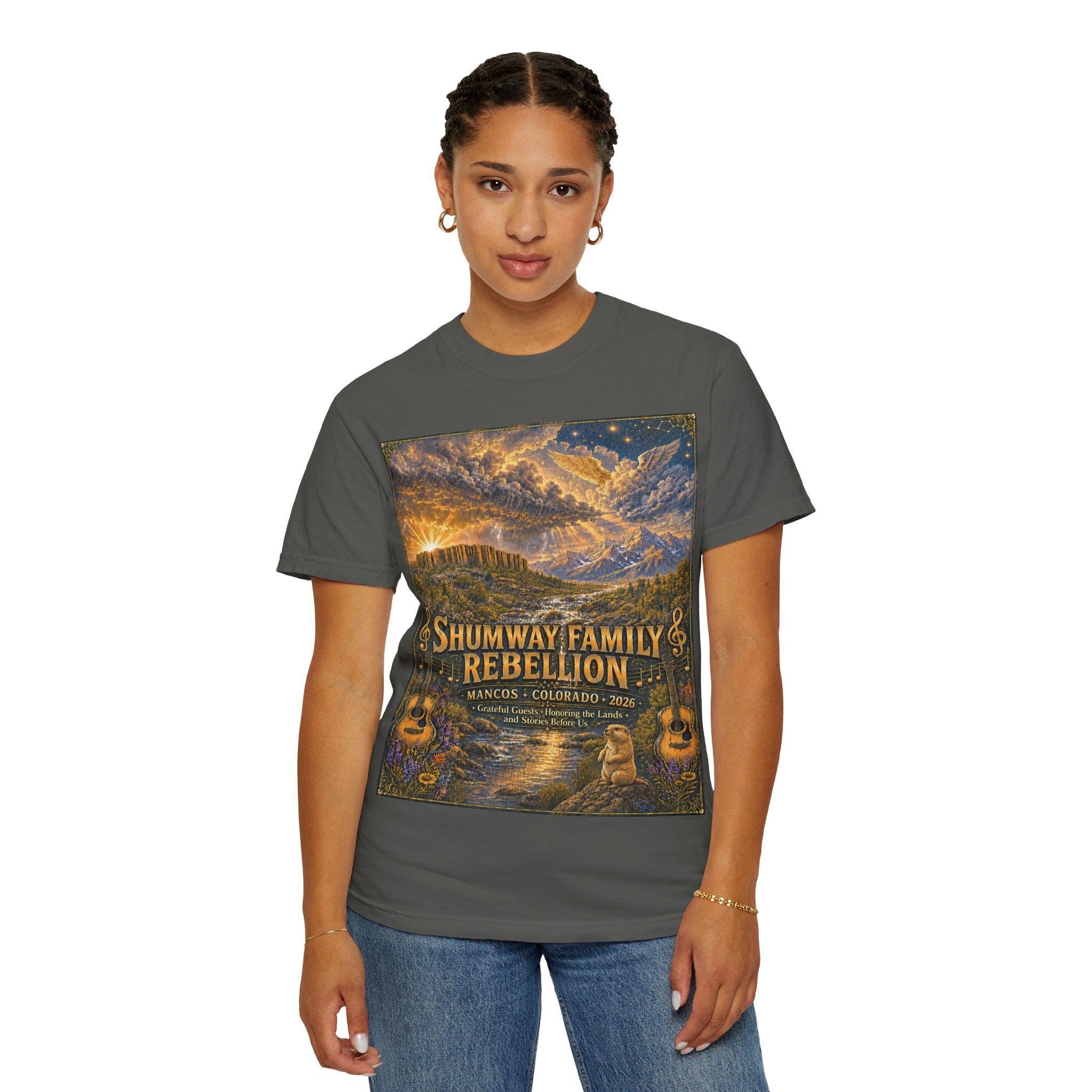 Shumway Family Rebellion T-shirt | Americana Sunset Landscape, Guitar Motif