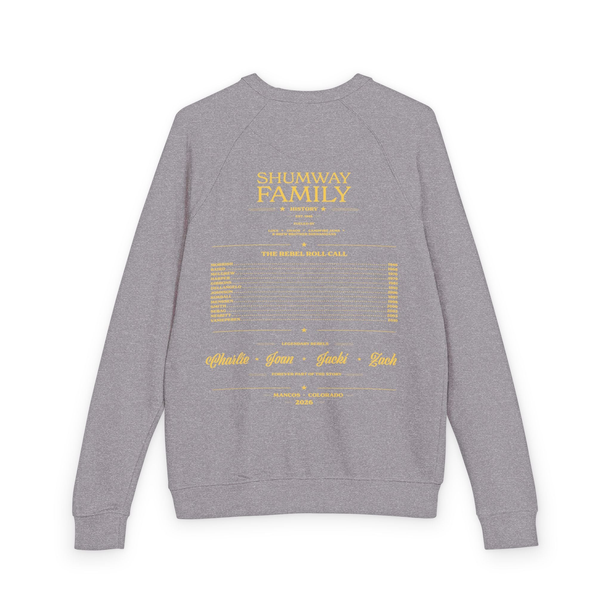 Shumway Family Rebellion Crewneck Sweater | Mountain Lake Concert Poster Design