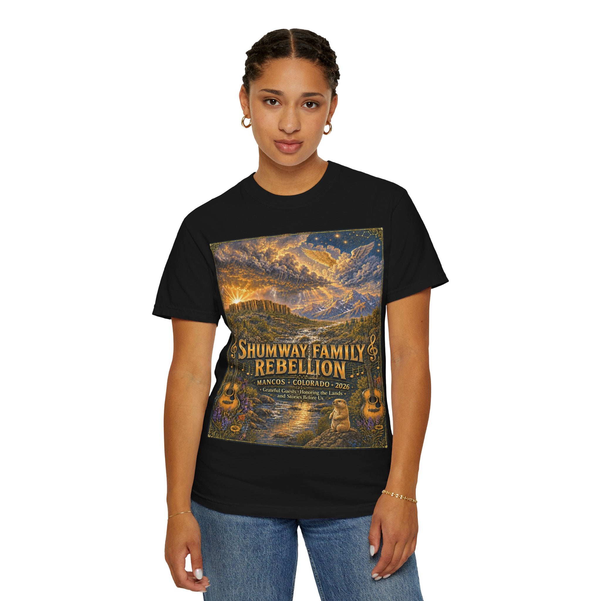 Shumway Family Rebellion T-shirt | Americana Sunset Landscape, Guitar Motif