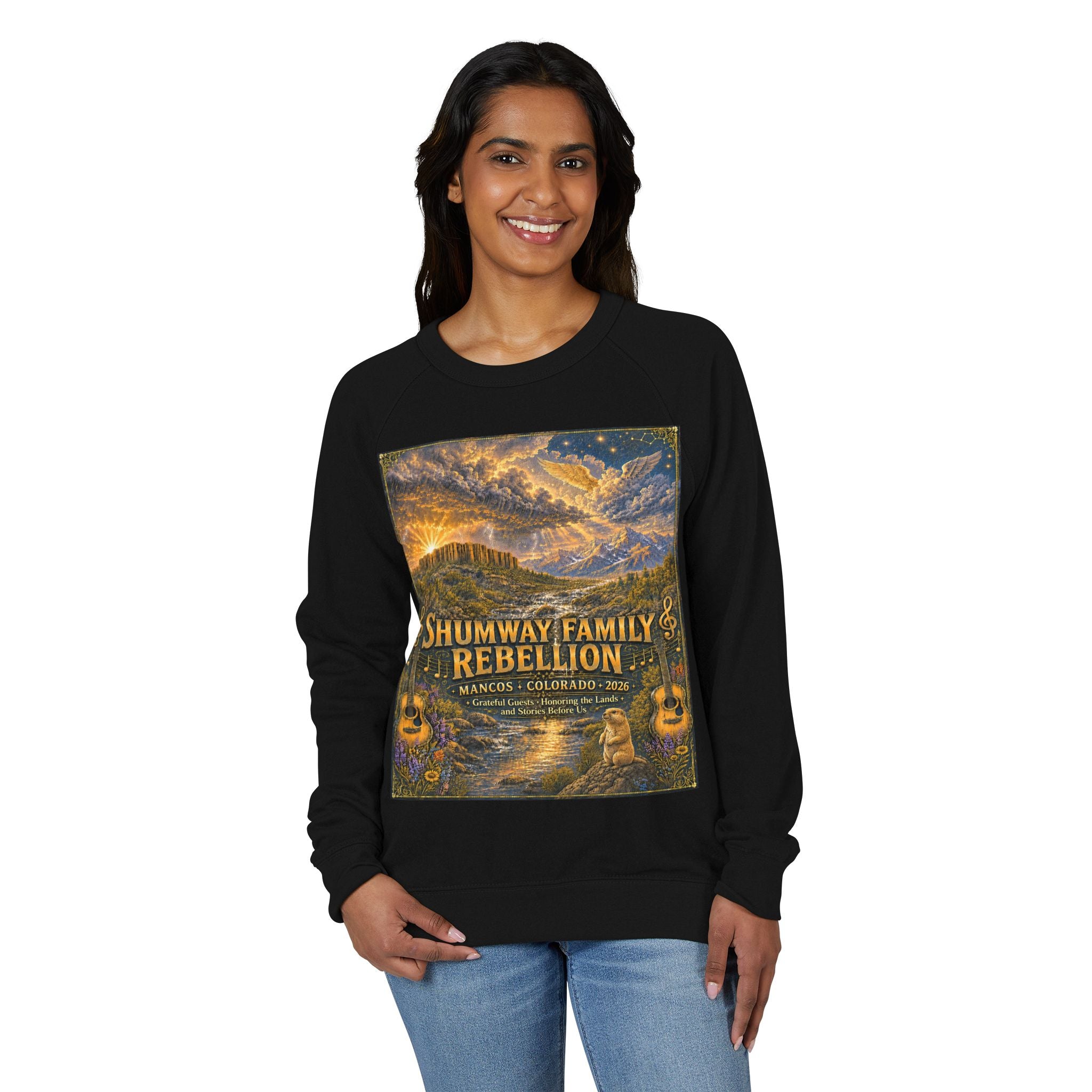 Shumway Family Rebellion Crewneck Sweater | Mountain Lake Concert Poster Design