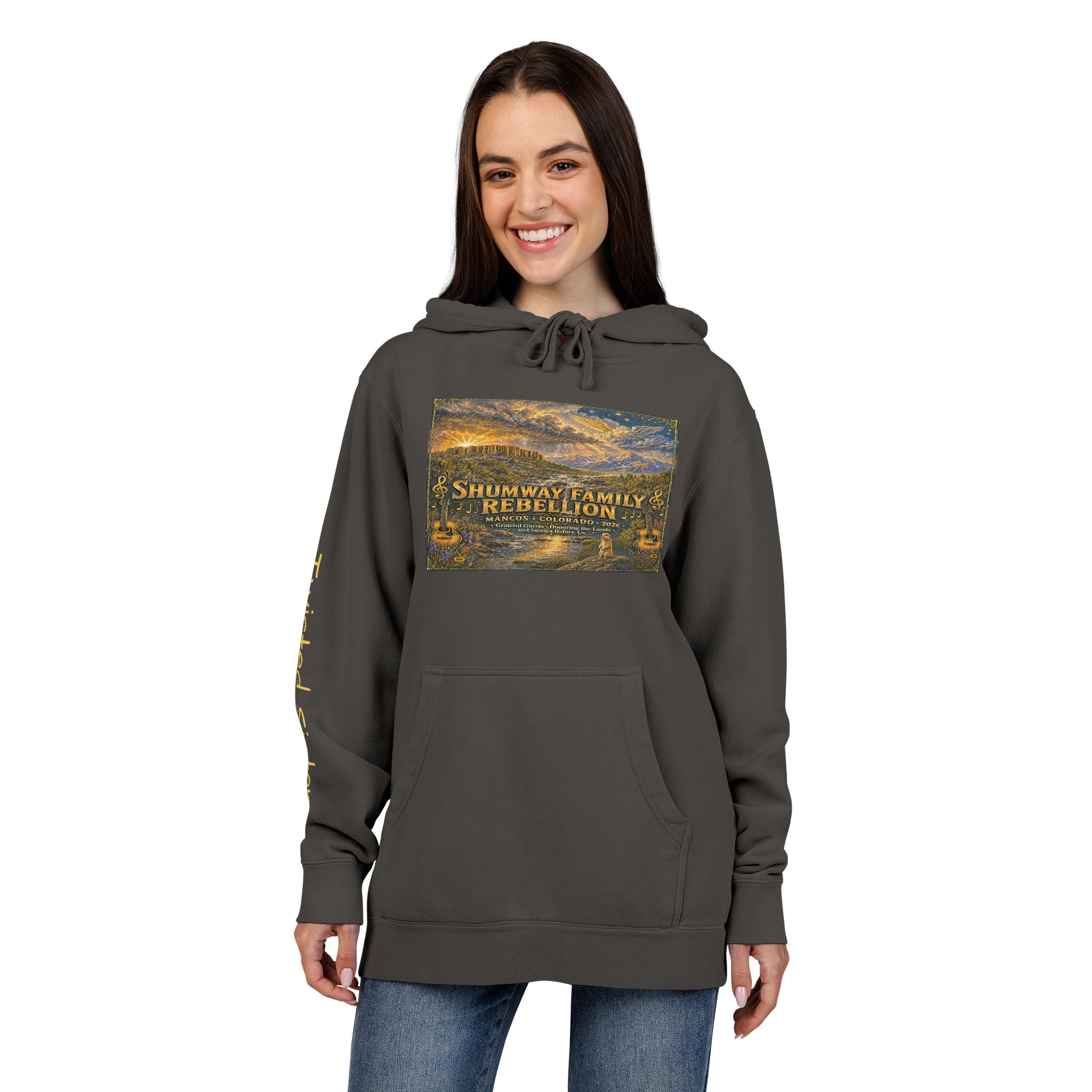 Twisted Sister - Shumway Mountain Lake Sunset hoodie | Vintage Landscape, Script Sleeve