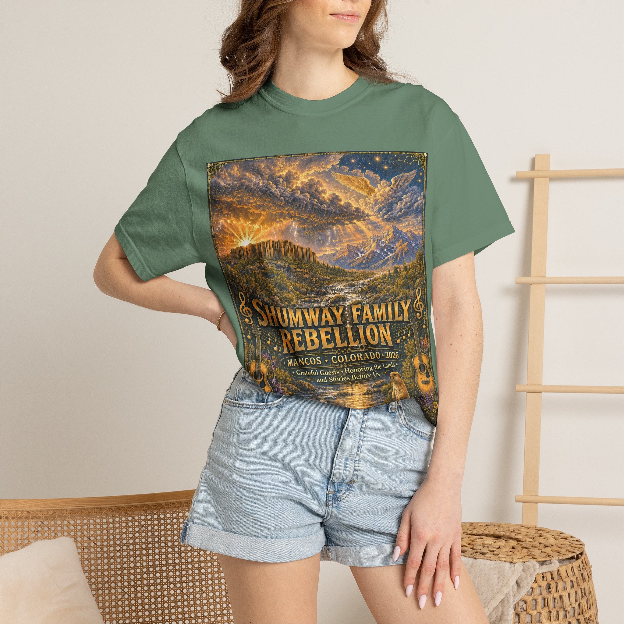 Shumway Family Rebellion T-shirt | Americana Sunset Landscape, Guitar Motif