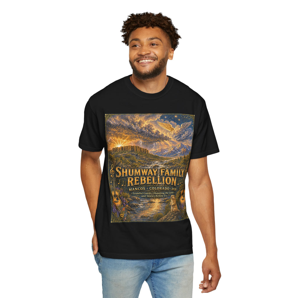 Shumway Family Rebellion T-shirt | Americana Sunset Landscape, Guitar Motif