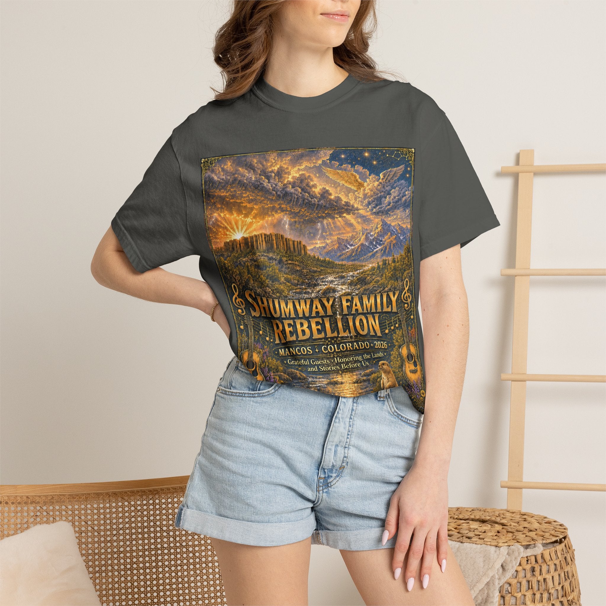 Shumway Family Rebellion T-shirt | Americana Sunset Landscape, Guitar Motif