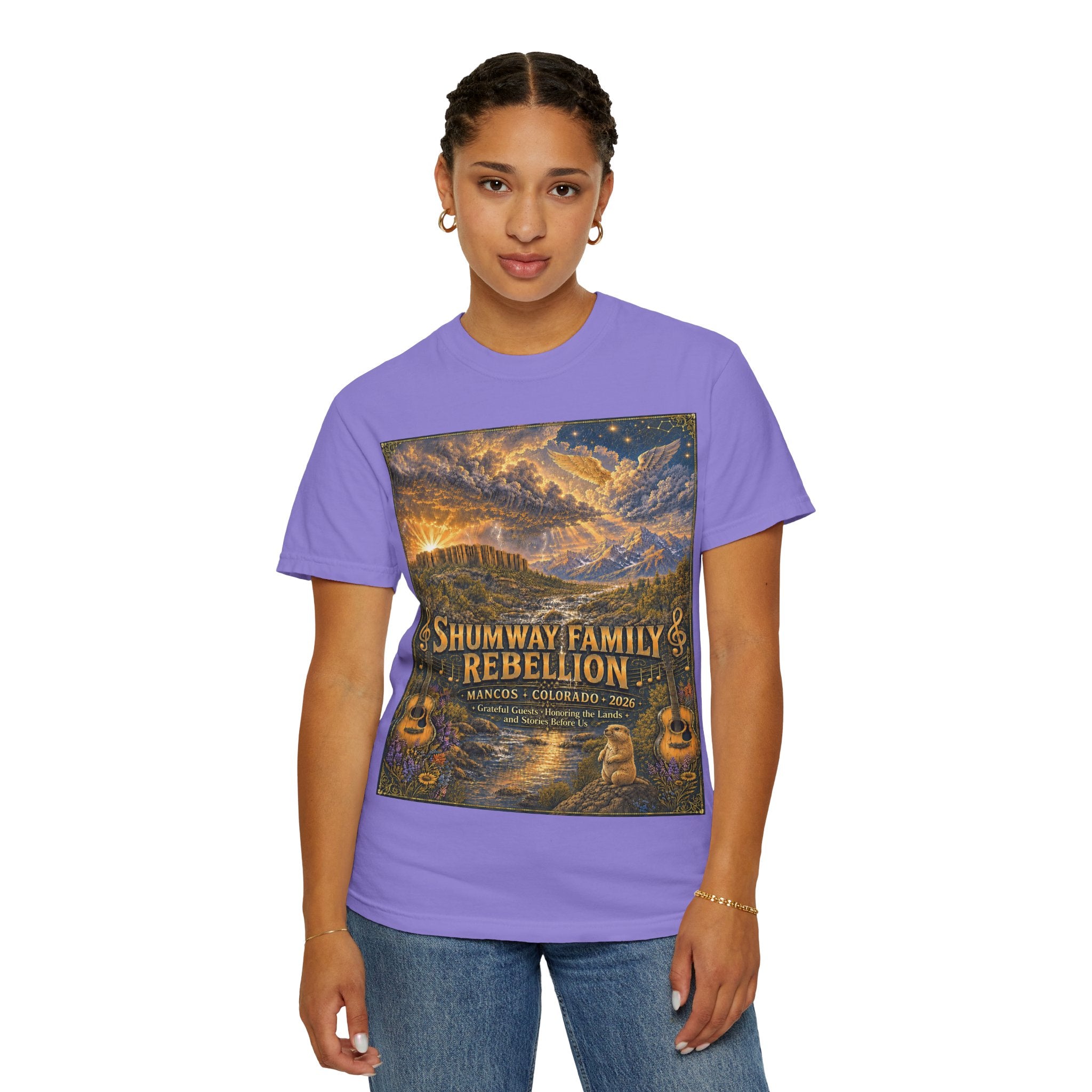 Shumway Family Rebellion T-shirt | Americana Sunset Landscape, Guitar Motif