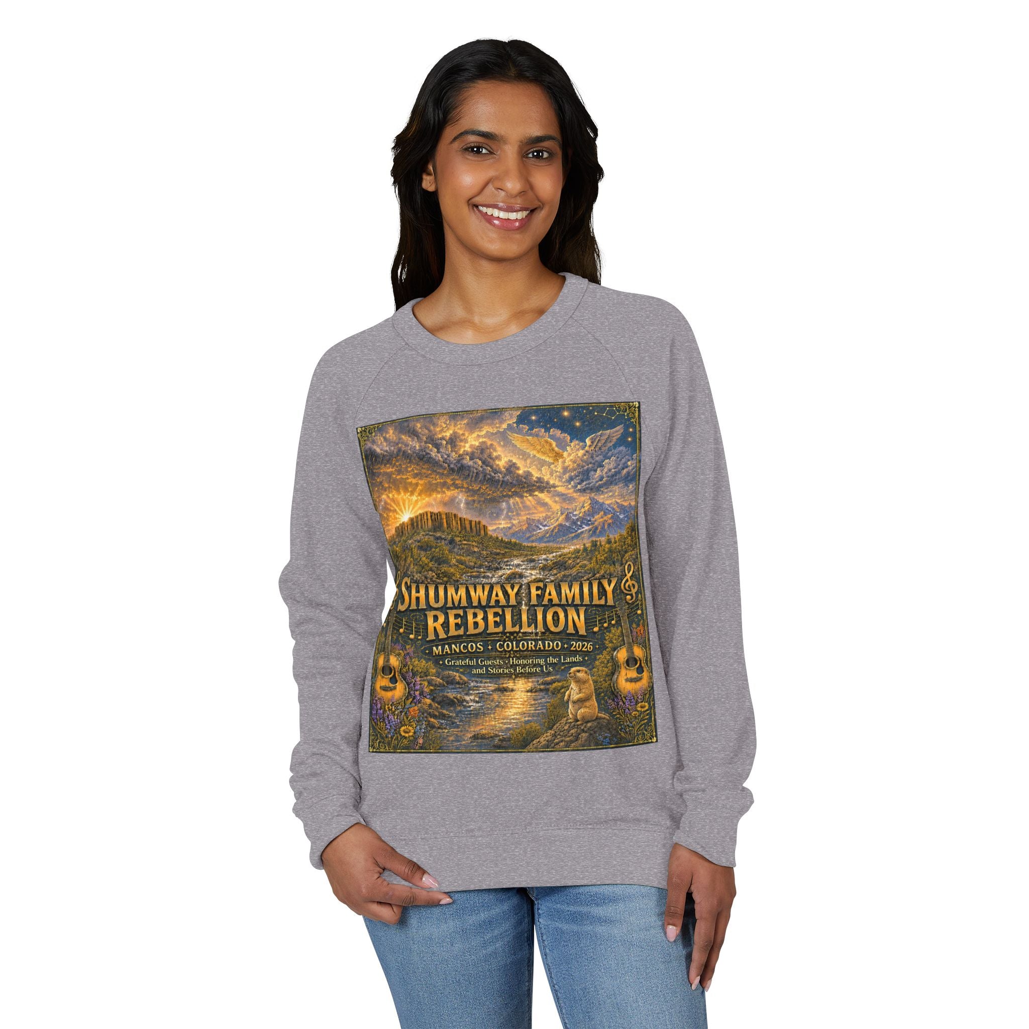 Shumway Family Rebellion Crewneck Sweater | Mountain Lake Concert Poster Design