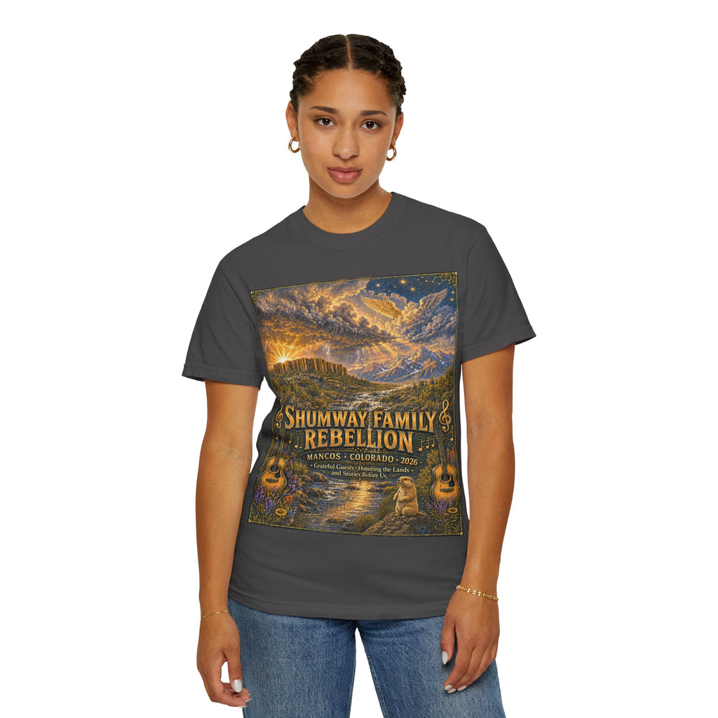 Shumway Family Rebellion T-shirt | Americana Sunset Landscape, Guitar Motif