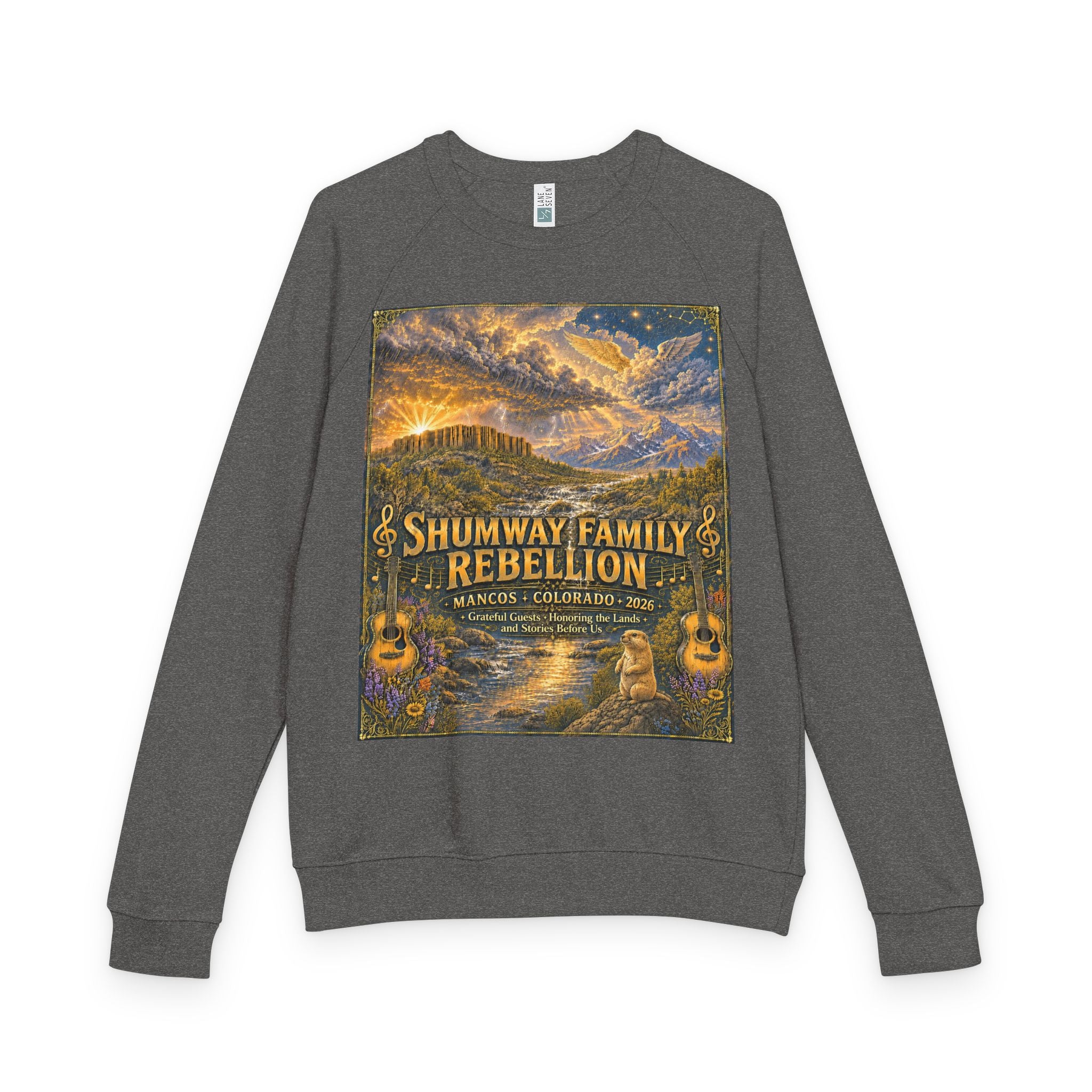 Shumway Family Rebellion Crewneck Sweater | Mountain Lake Concert Poster Design