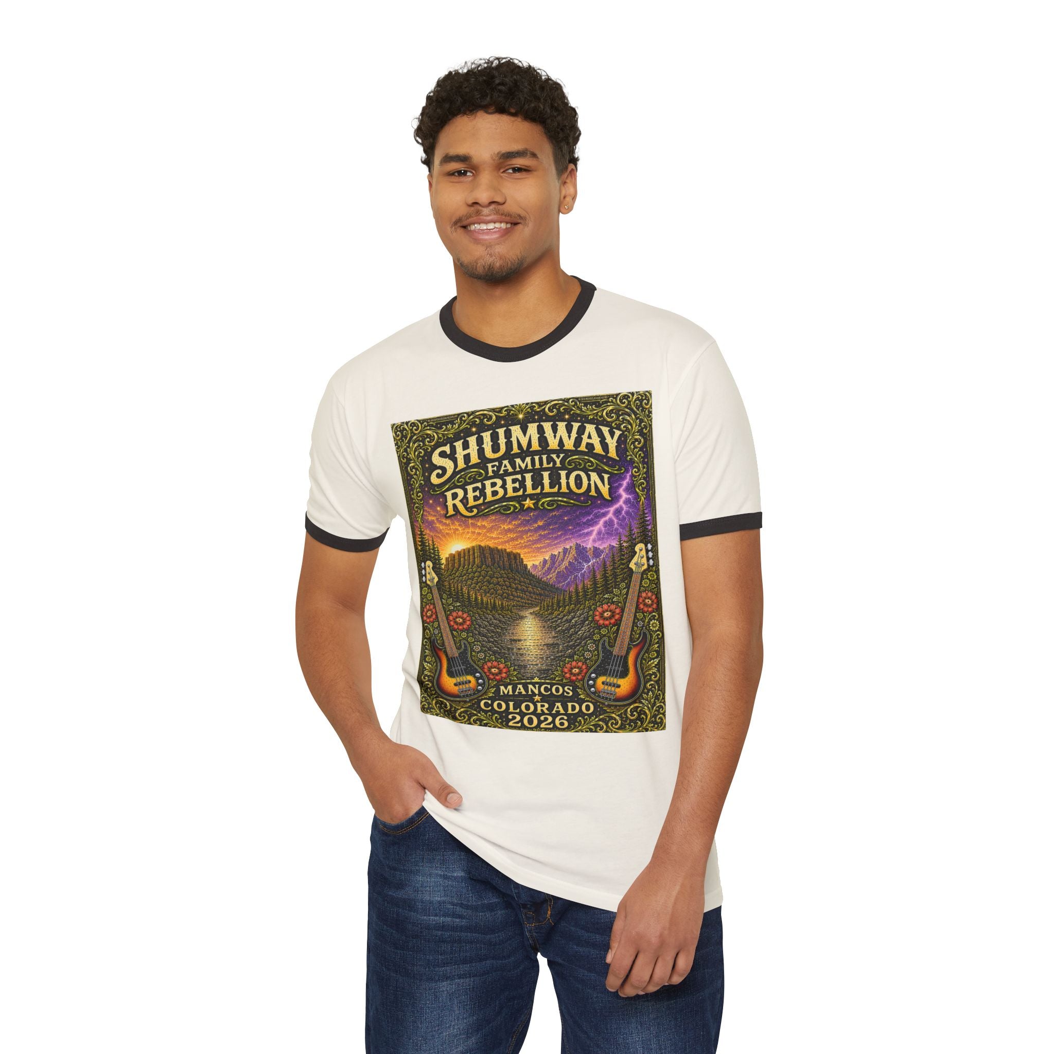 Shumway Family Rebellion Poster T-Shirt | Mountain Lightning Scene