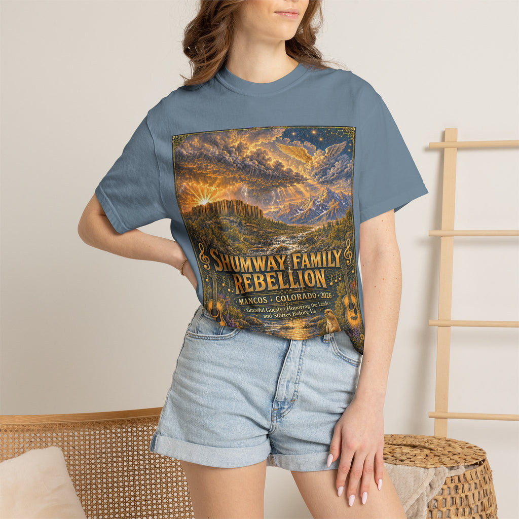Shumway Family Rebellion T-shirt | Americana Sunset Landscape, Guitar Motif