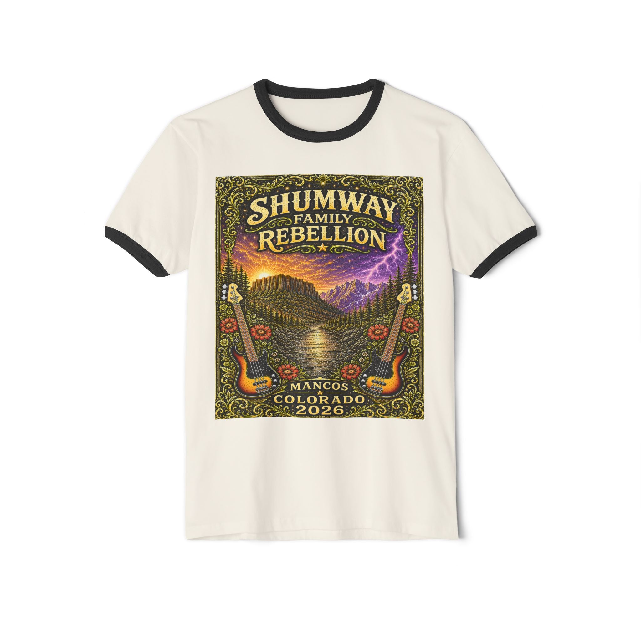 Shumway Family Rebellion Poster T-Shirt | Mountain Lightning Scene