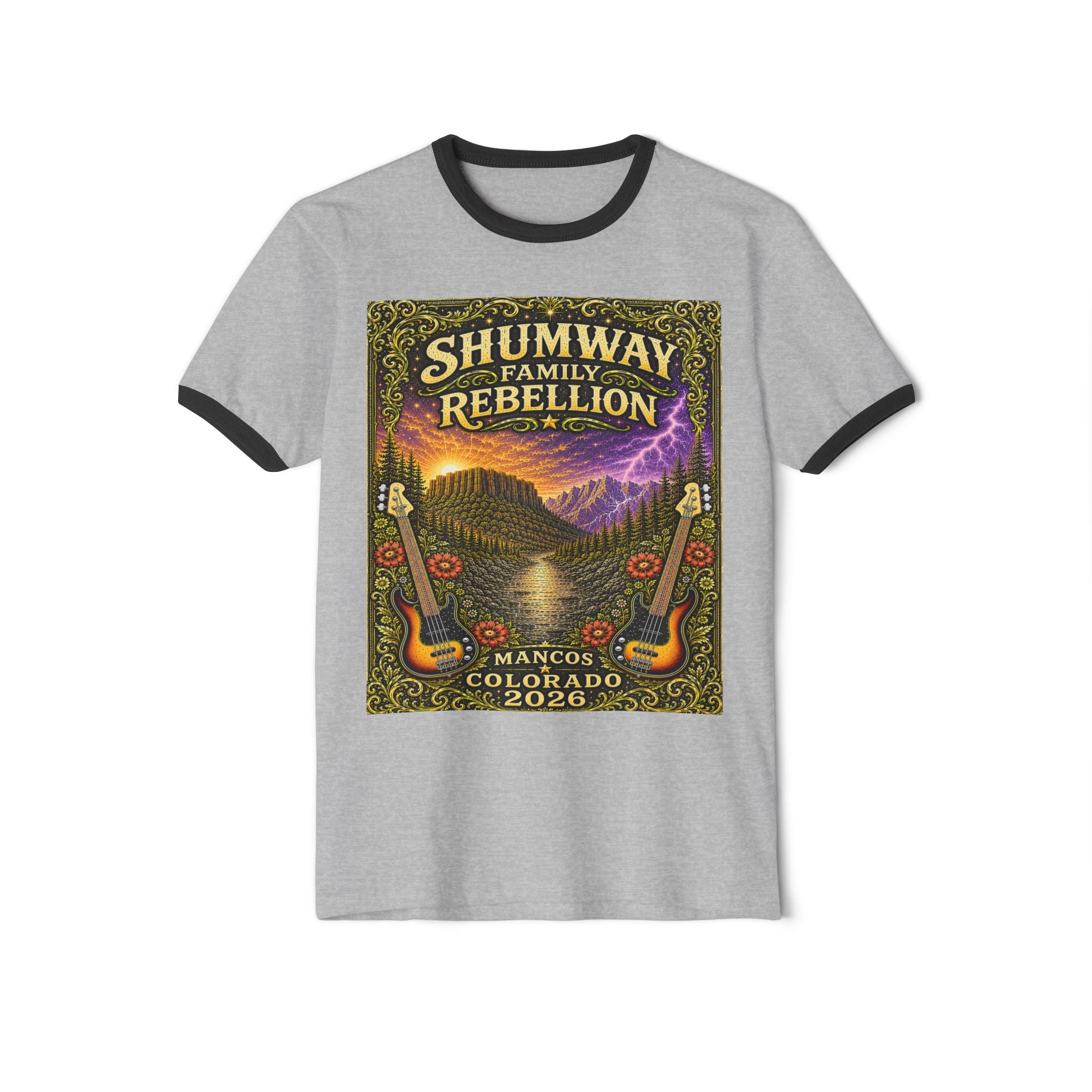 Shumway Family Rebellion Poster T-Shirt | Mountain Lightning Scene