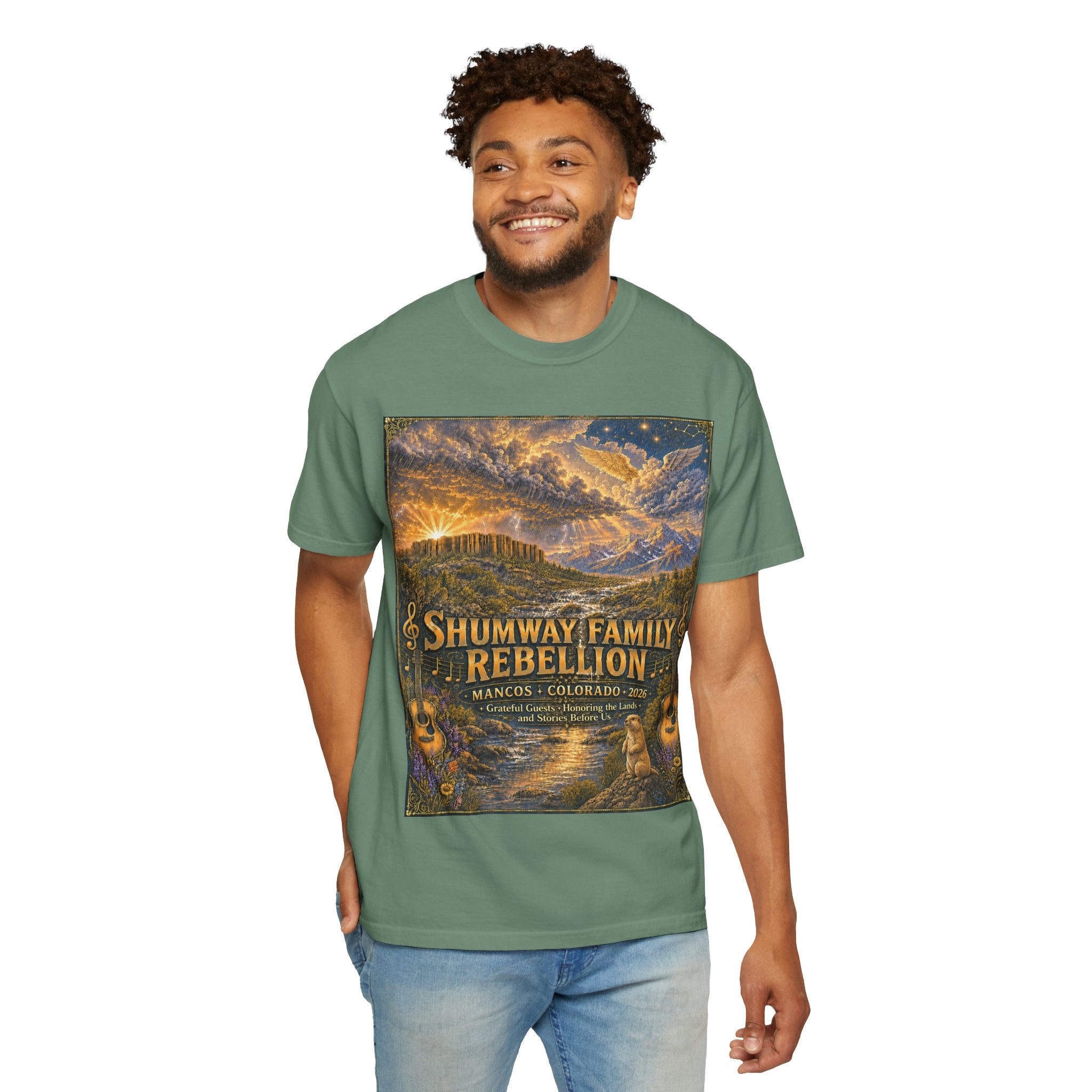 Shumway Family Rebellion T-shirt | Americana Sunset Landscape, Guitar Motif