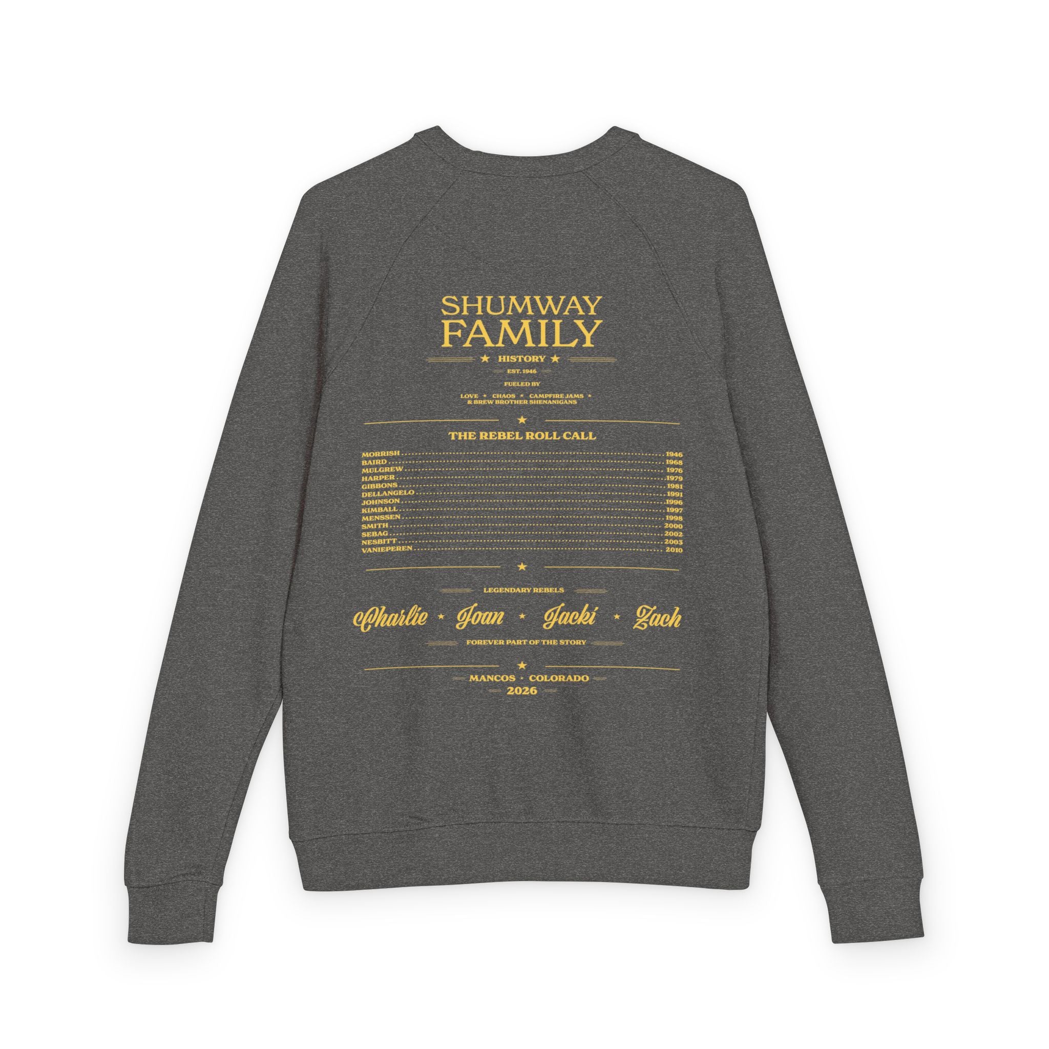 Shumway Family Rebellion Crewneck Sweater | Mountain Lake Concert Poster Design