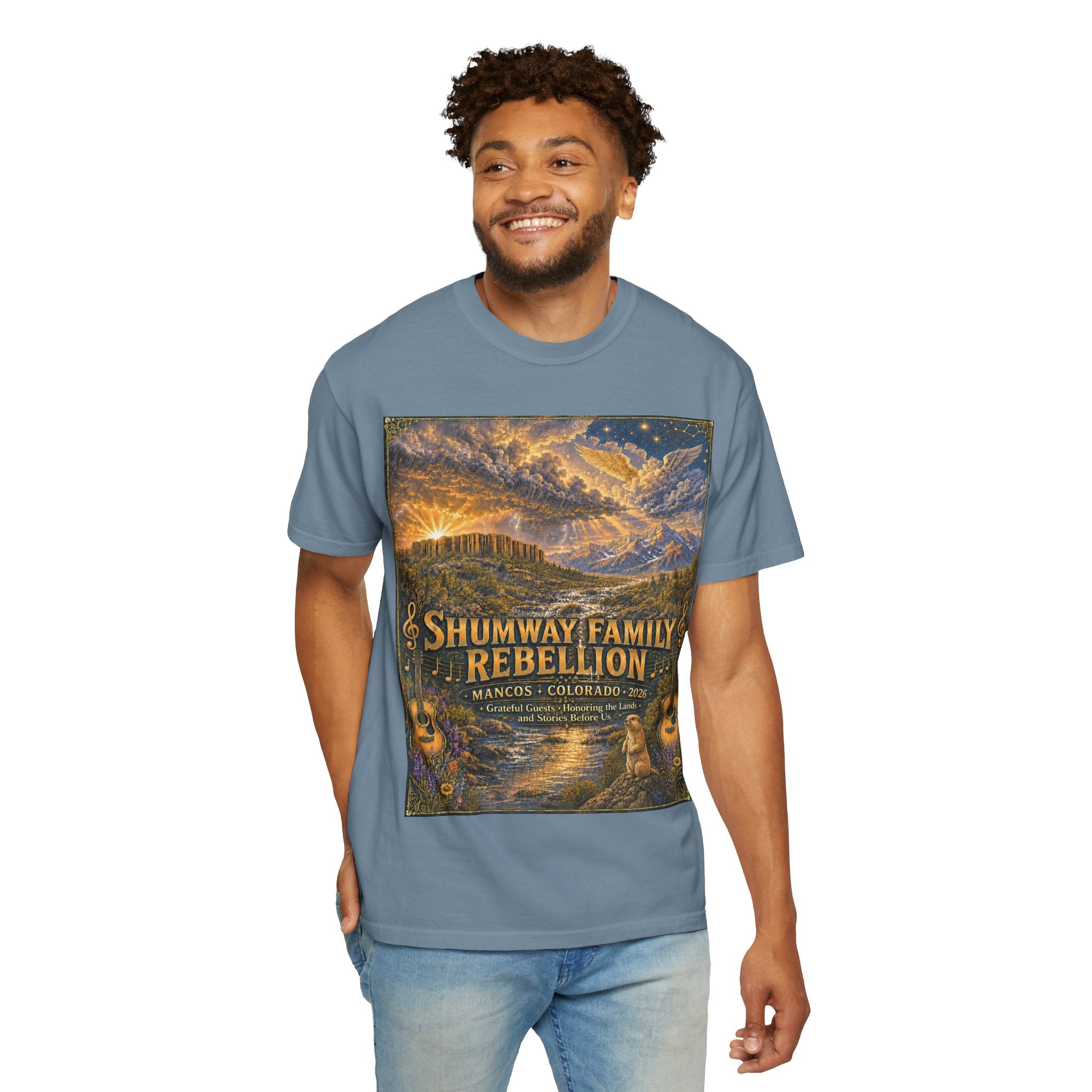 Shumway Family Rebellion T-shirt | Americana Sunset Landscape, Guitar Motif