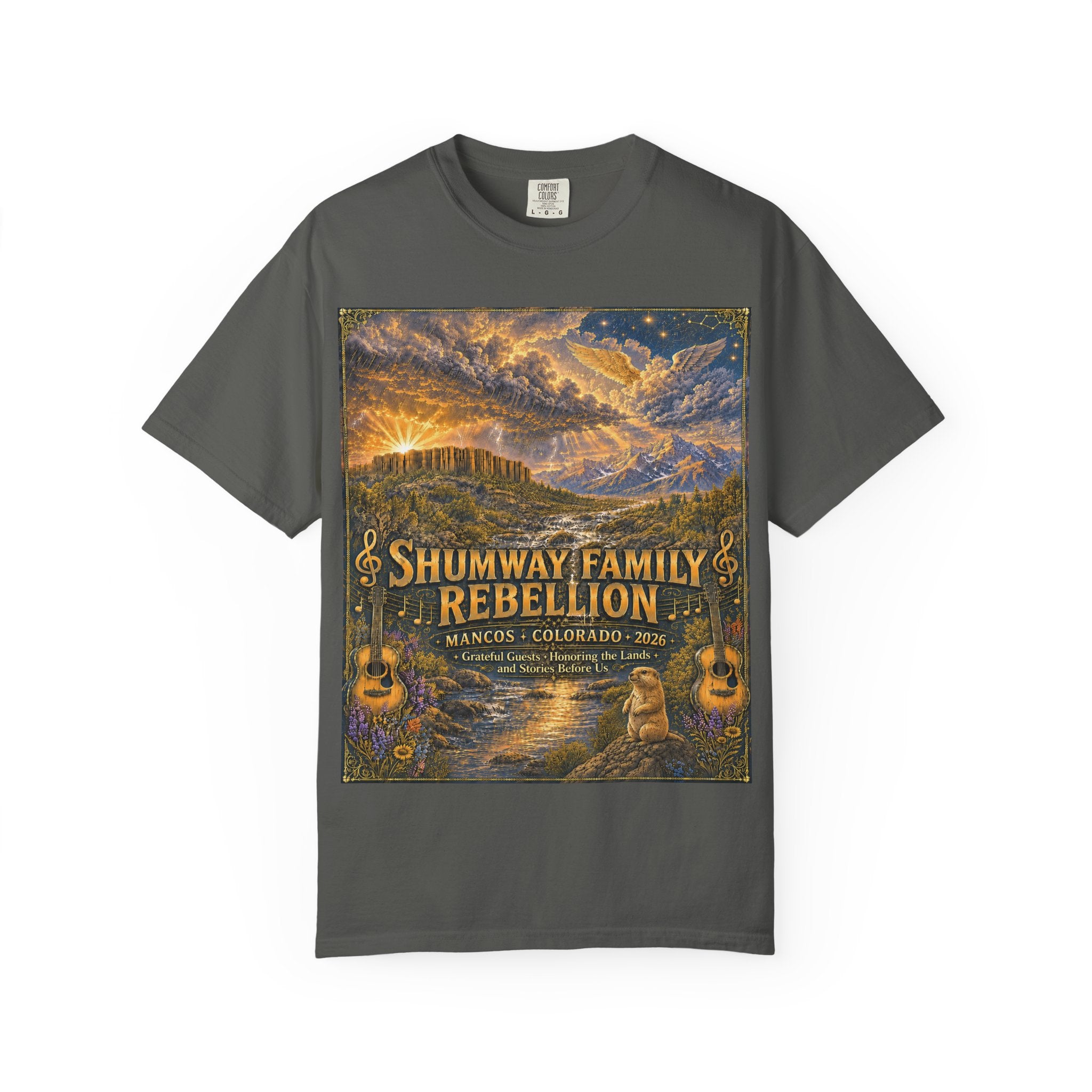 Shumway Family Rebellion T-shirt | Americana Sunset Landscape, Guitar Motif