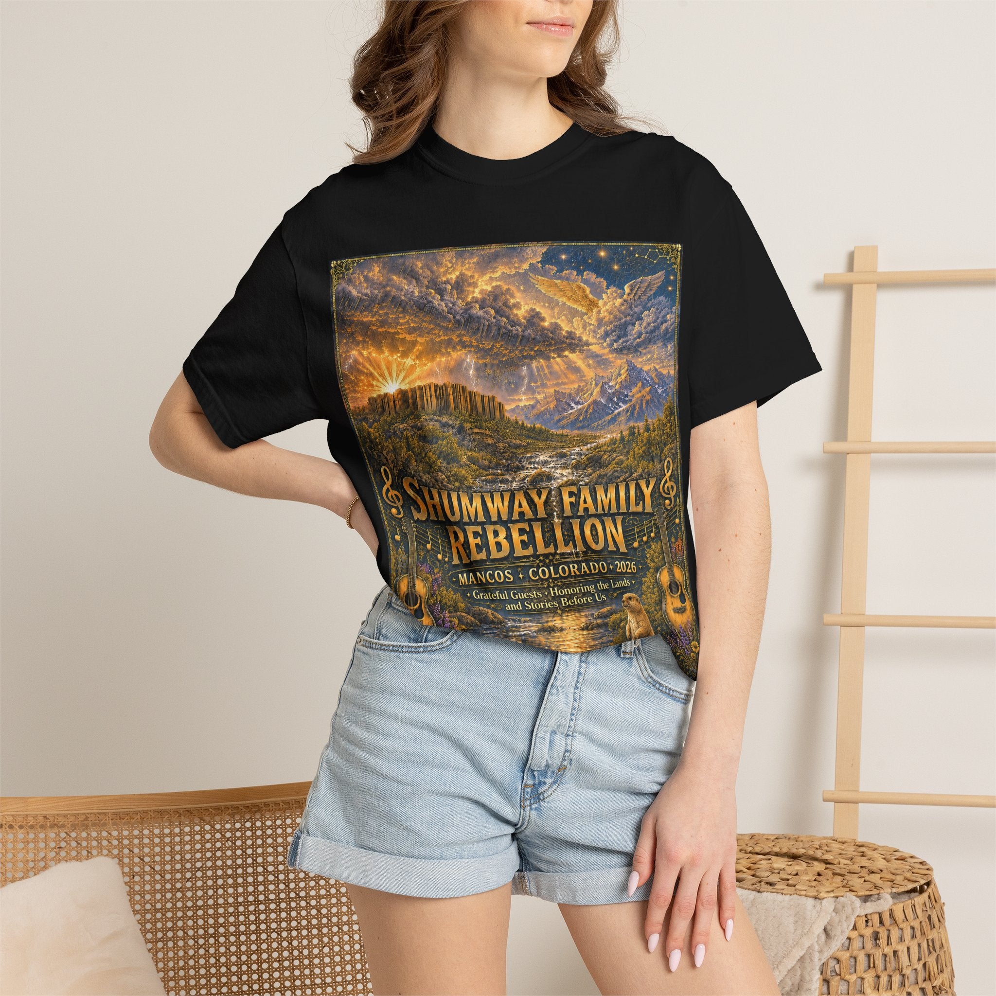 Shumway Family Rebellion T-shirt | Americana Sunset Landscape, Guitar Motif