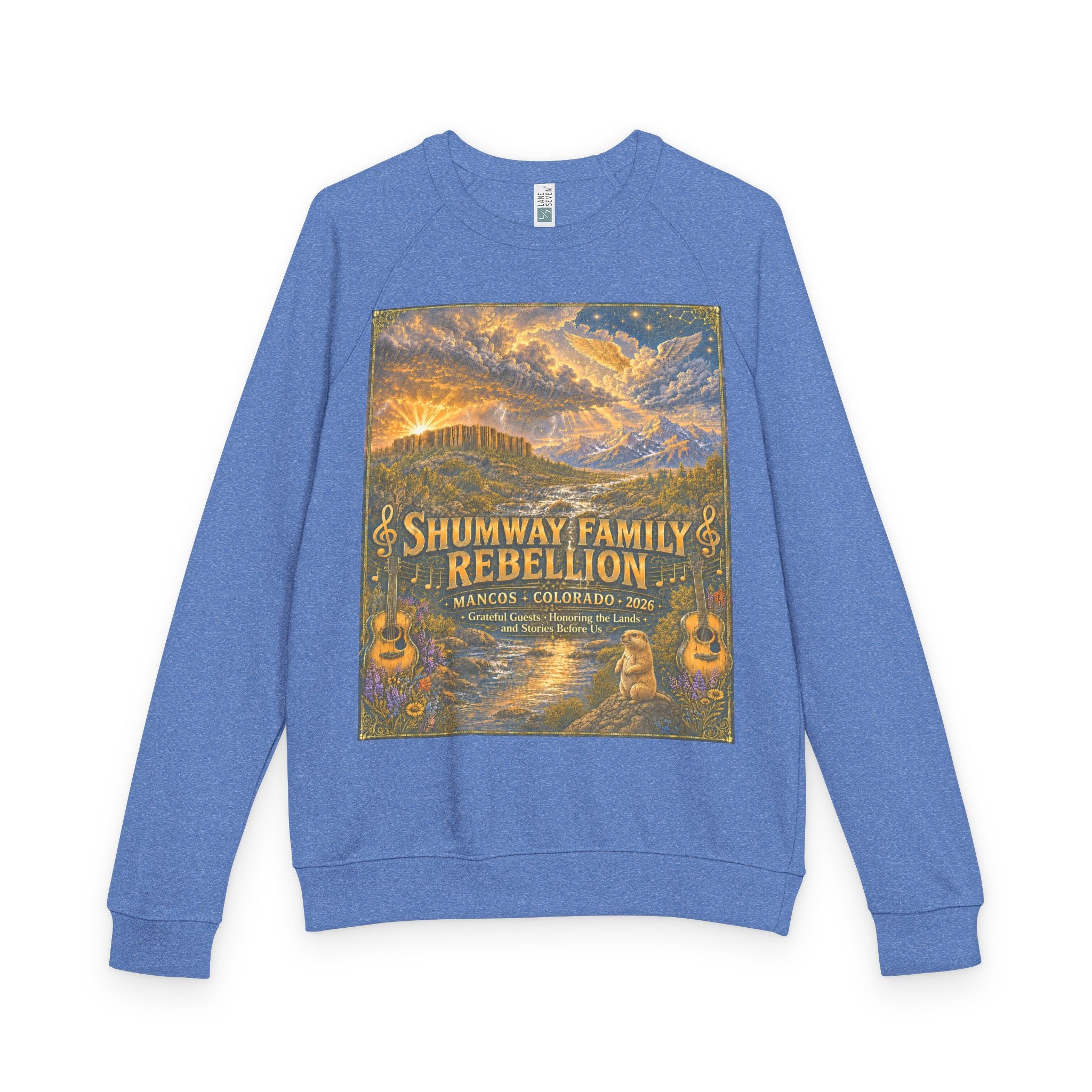 Shumway Family Rebellion Crewneck Sweater | Mountain Lake Concert Poster Design