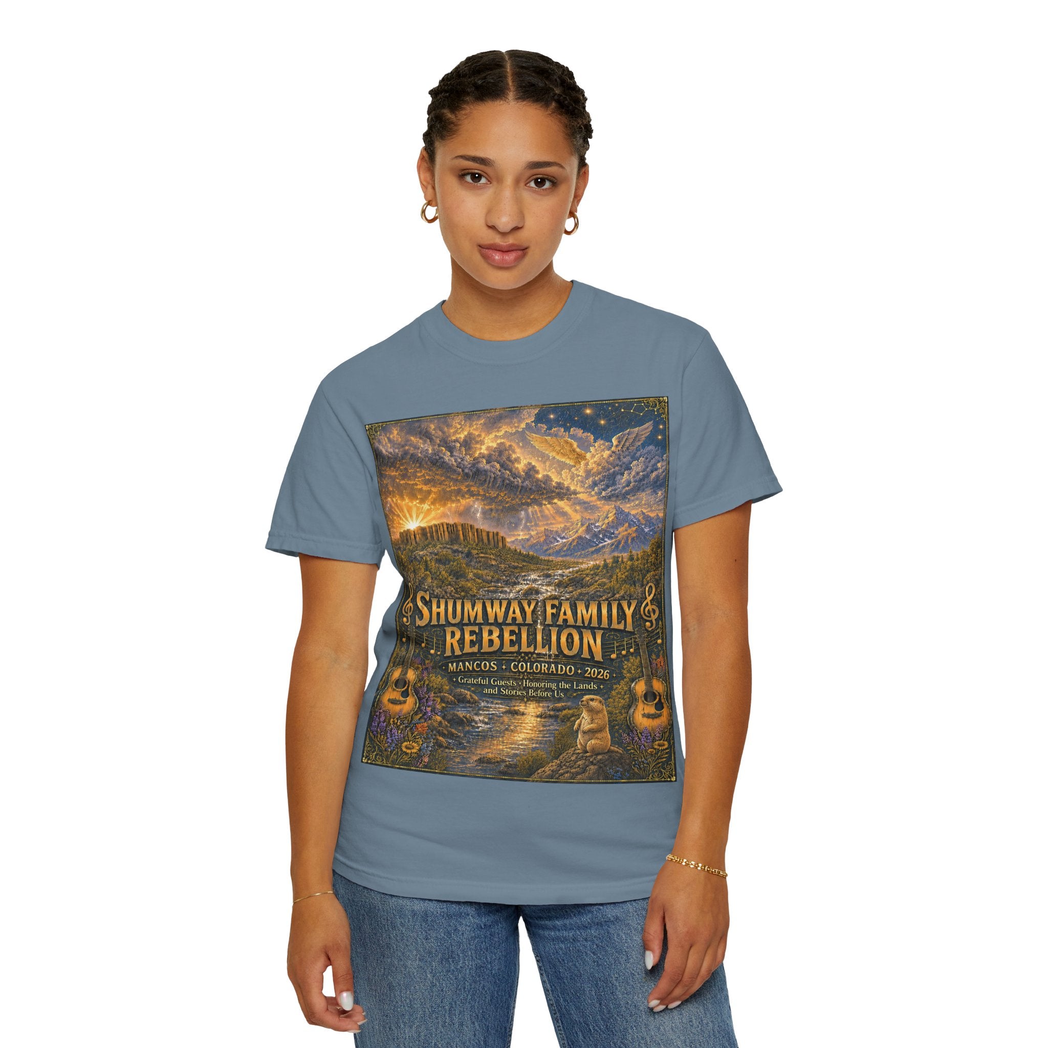Shumway Family Rebellion T-shirt | Americana Sunset Landscape, Guitar Motif
