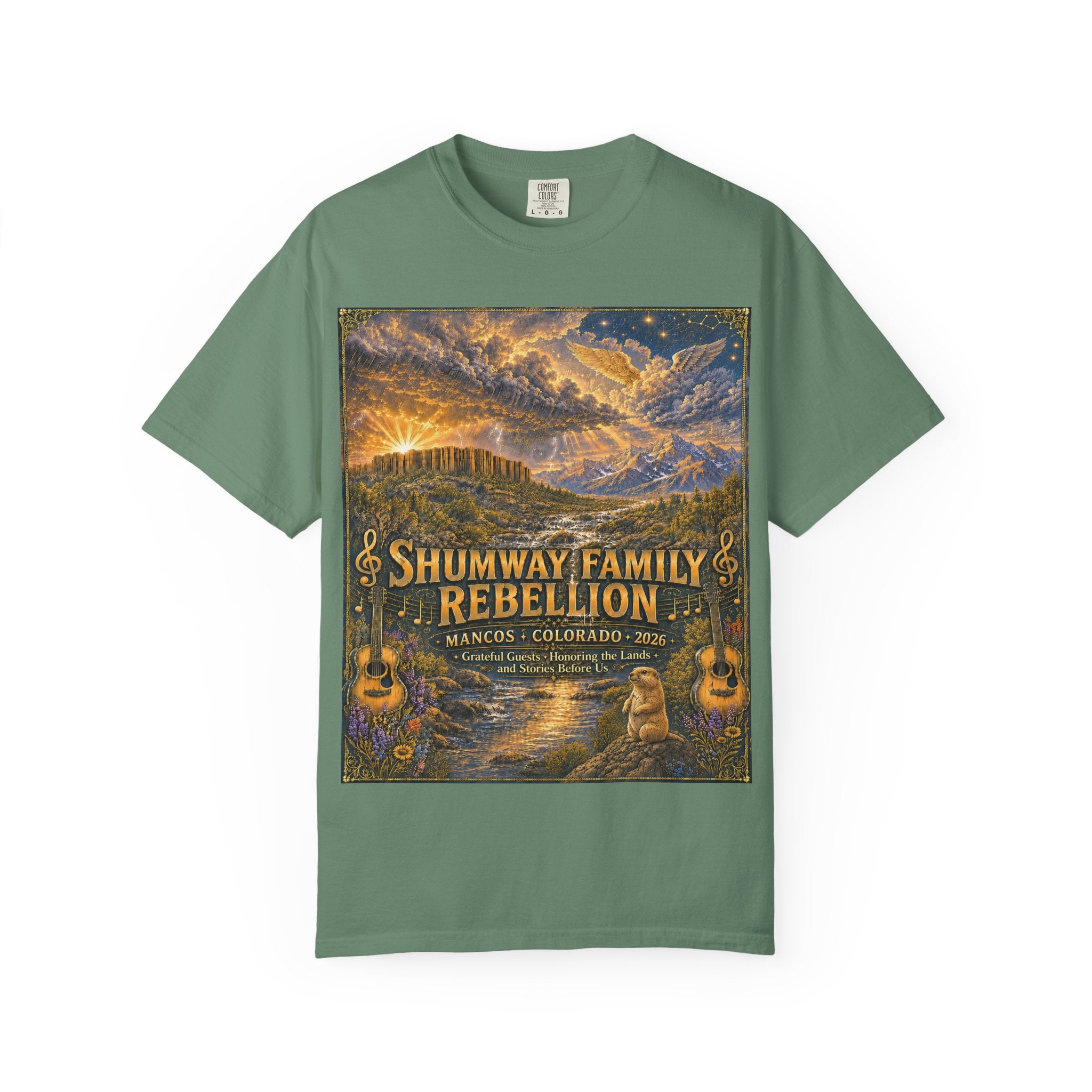 Shumway Family Rebellion T-shirt | Americana Sunset Landscape, Guitar Motif