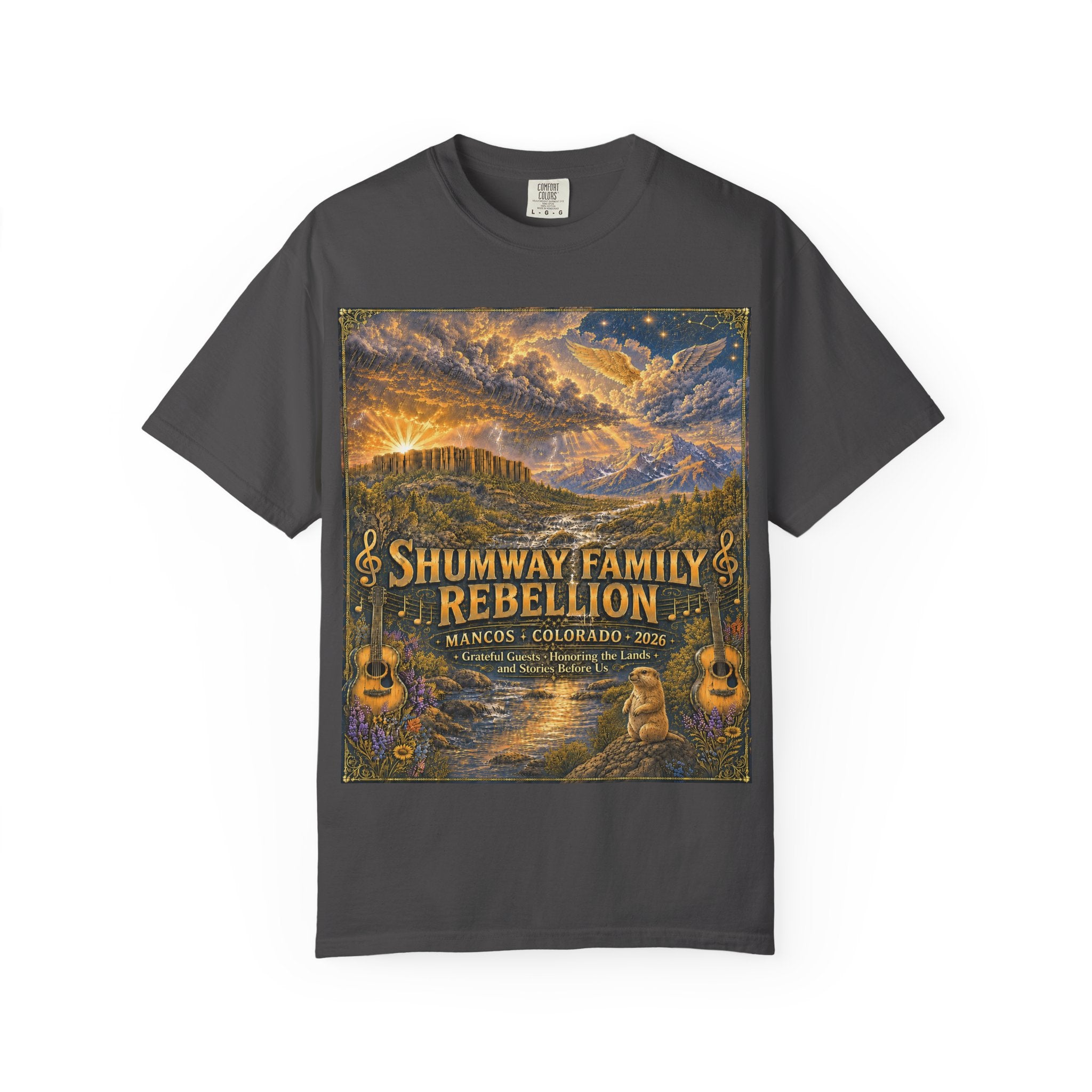 Shumway Family Rebellion T-shirt | Americana Sunset Landscape, Guitar Motif