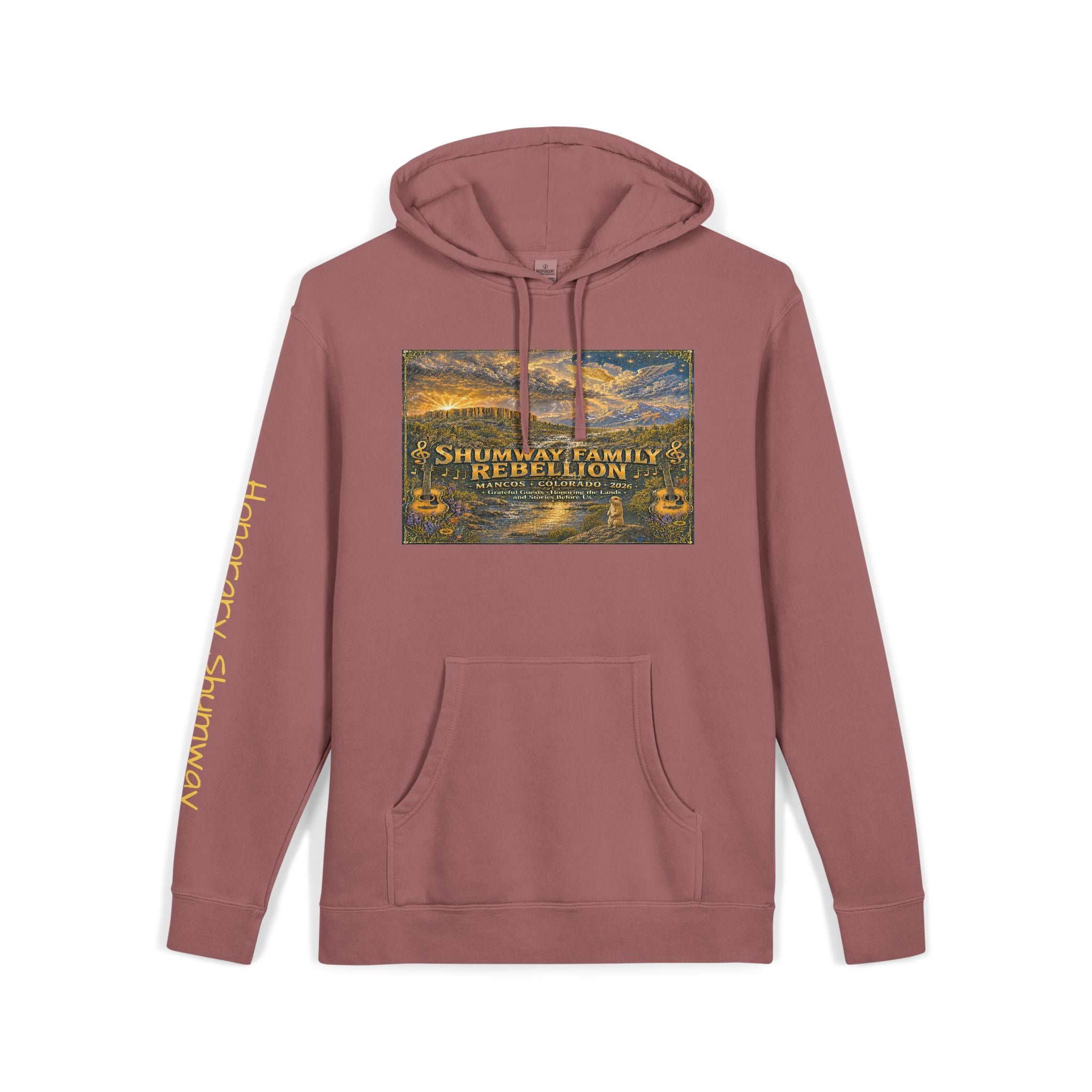 Honorary Shumway Mountain Lake Sunset hoodie | Vintage Landscape, Script Sleeve