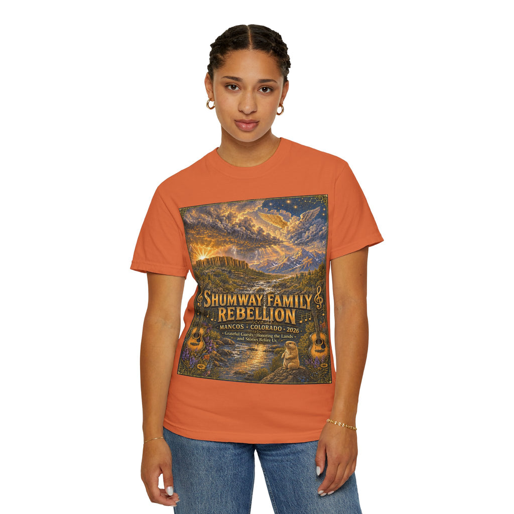 Shumway Family Rebellion T-shirt | Americana Sunset Landscape, Guitar Motif