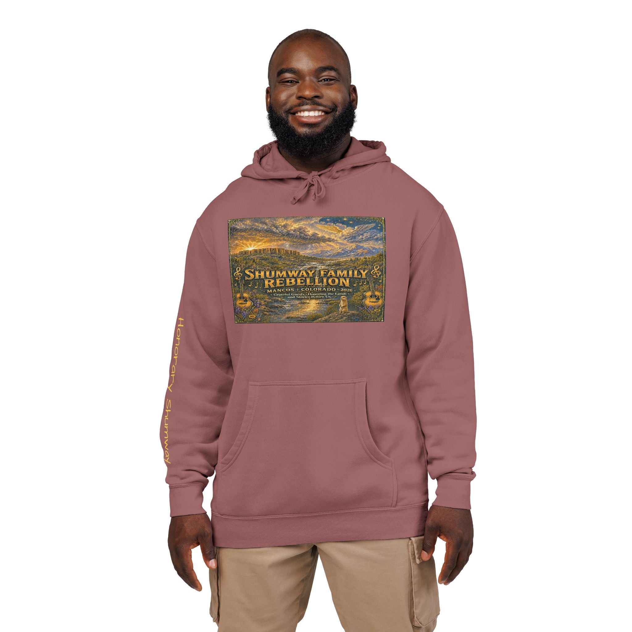 Honorary Shumway Mountain Lake Sunset hoodie | Vintage Landscape, Script Sleeve