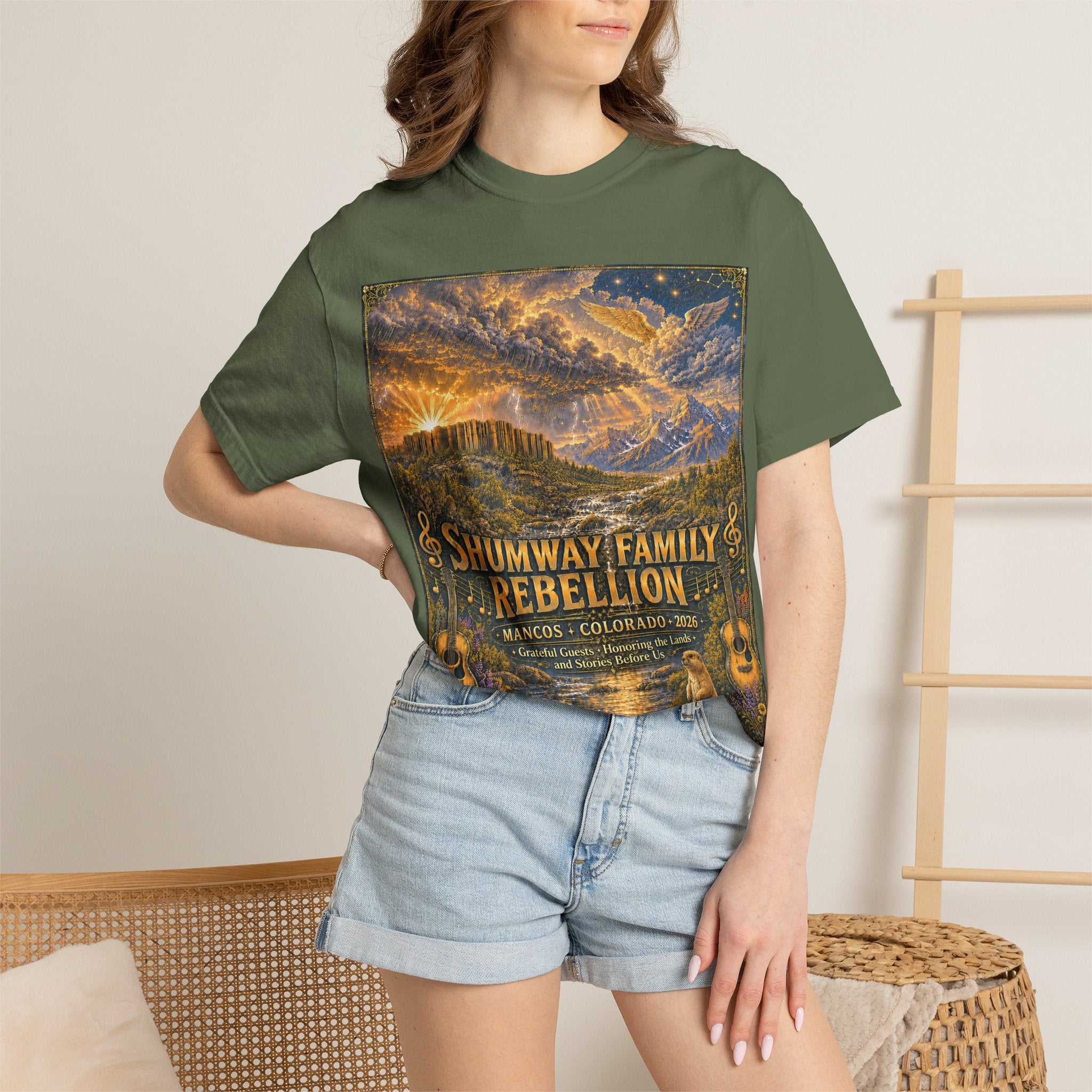 Shumway Family Rebellion T-shirt | Americana Sunset Landscape, Guitar Motif