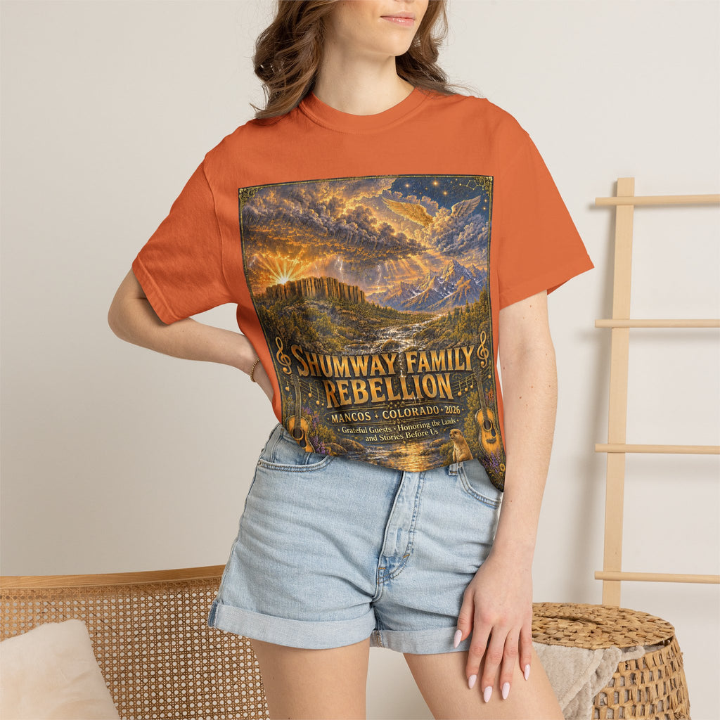 Shumway Family Rebellion T-shirt | Americana Sunset Landscape, Guitar Motif