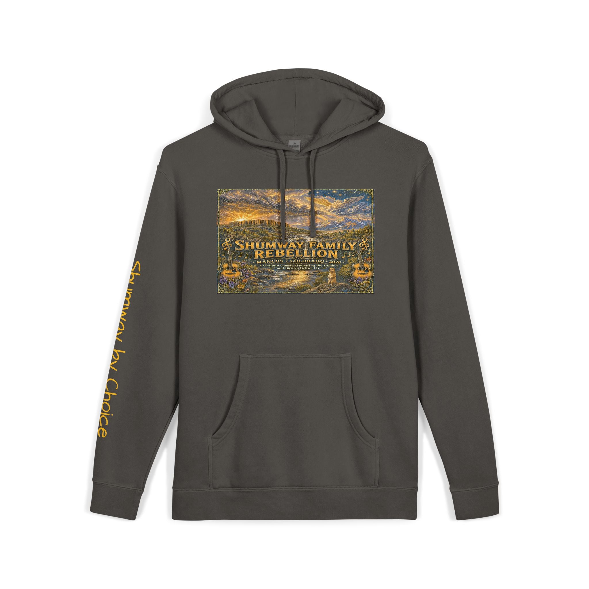 Shumway by Choice Mountain Lake Sunset hoodie | Vintage Landscape, Script Sleeve