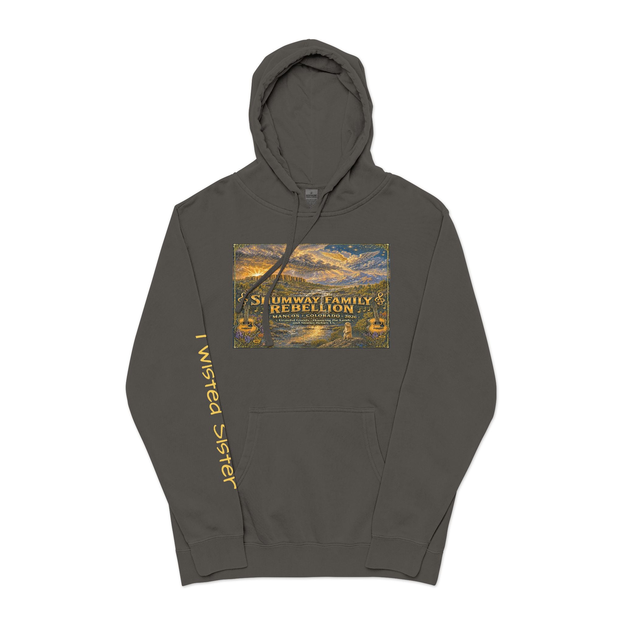 Twisted Sister - Shumway Mountain Lake Sunset hoodie | Vintage Landscape, Script Sleeve