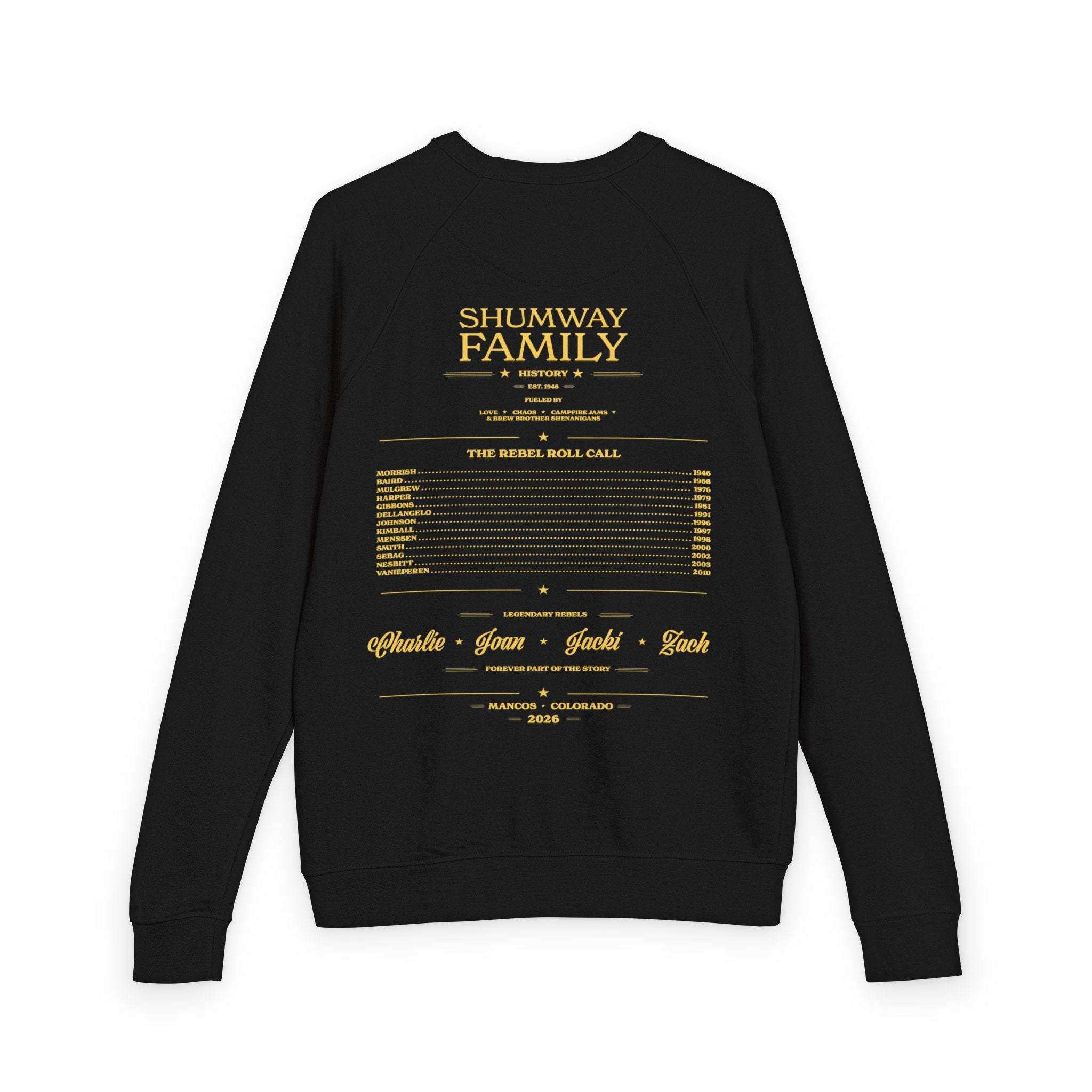 Shumway Family Rebellion Crewneck Sweater | Mountain Lake Concert Poster Design