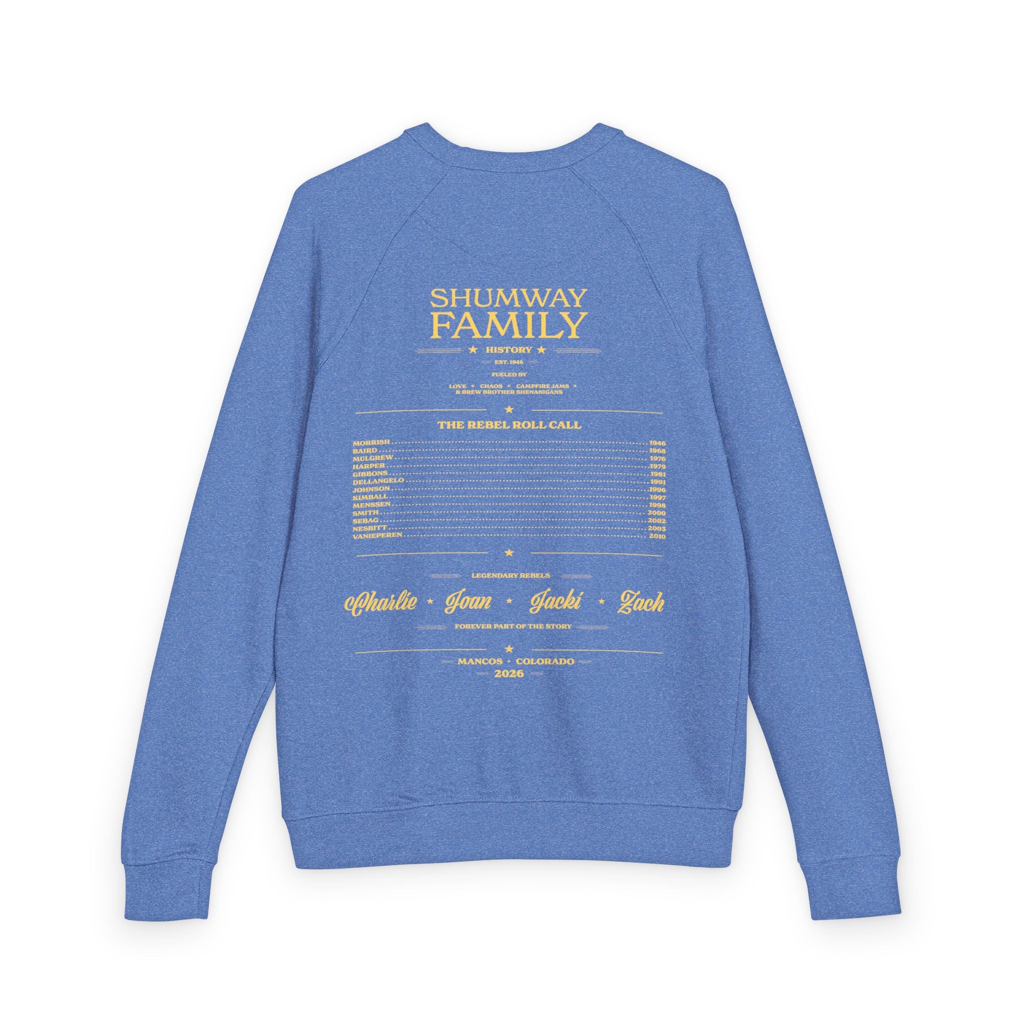 Shumway Family Rebellion Crewneck Sweater | Mountain Lake Concert Poster Design