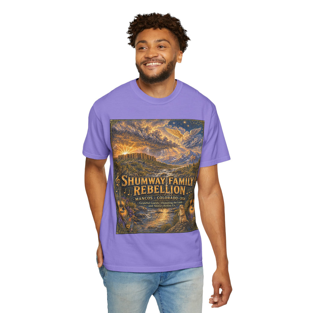 Shumway Family Rebellion T-shirt | Americana Sunset Landscape, Guitar Motif