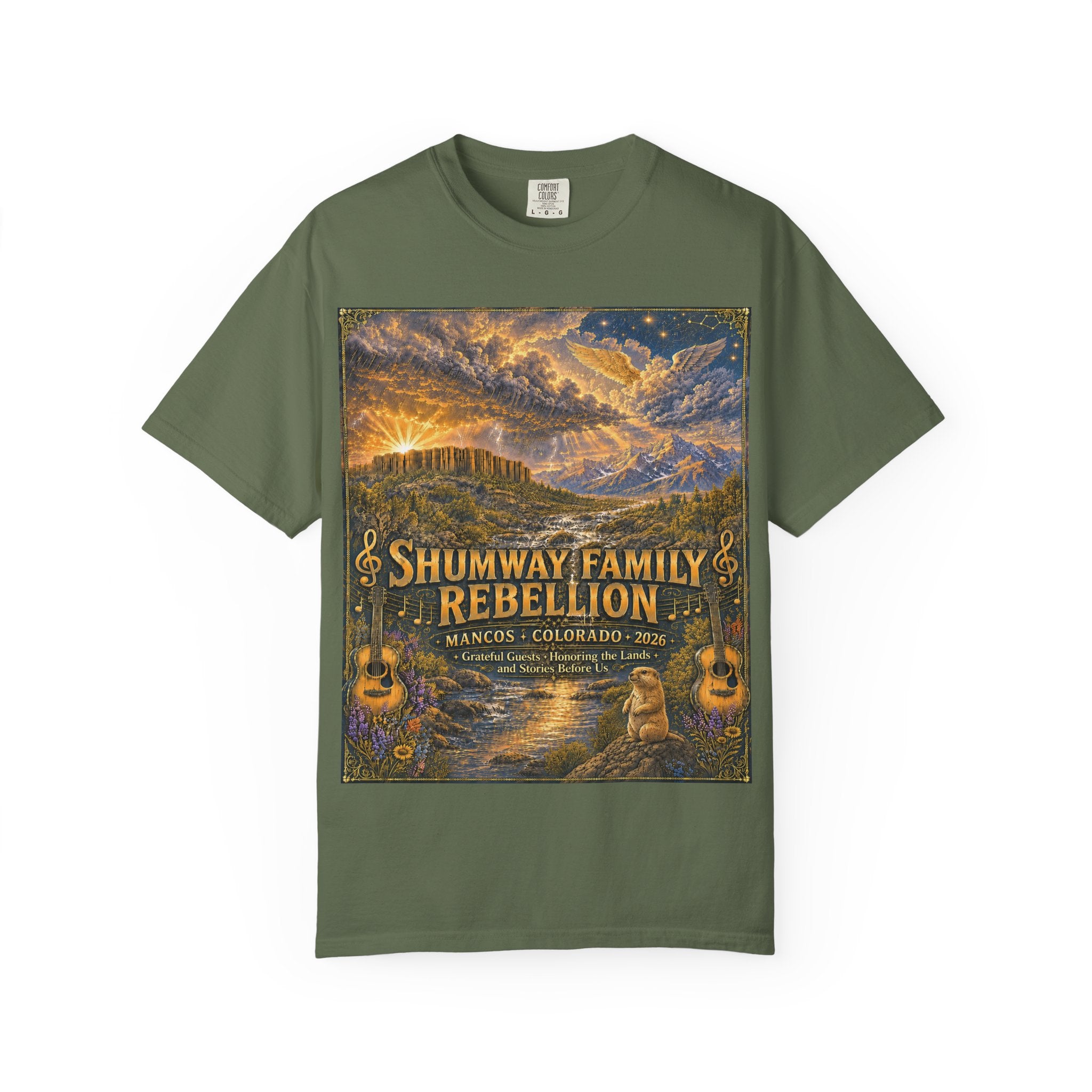 Shumway Family Rebellion T-shirt | Americana Sunset Landscape, Guitar Motif