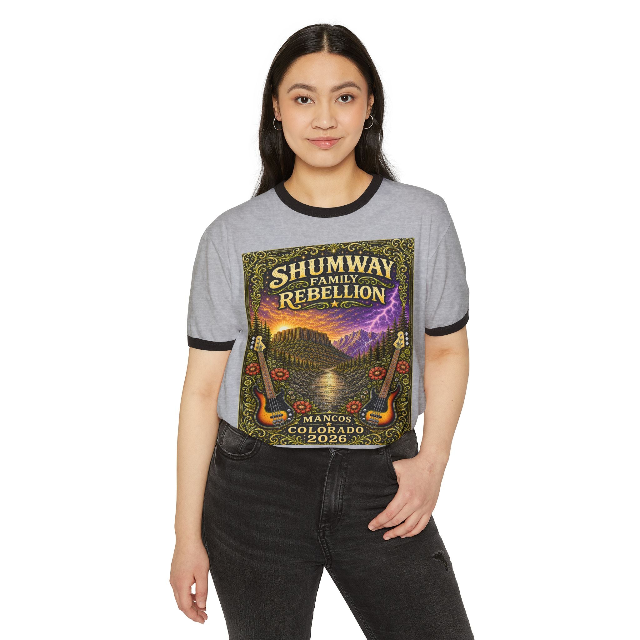 Shumway Family Rebellion Poster T-Shirt | Mountain Lightning Scene