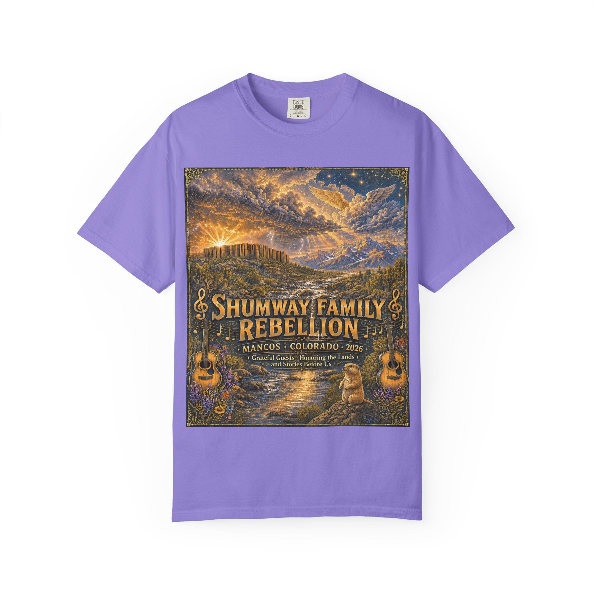 Shumway Family Rebellion T-shirt | Americana Sunset Landscape, Guitar Motif