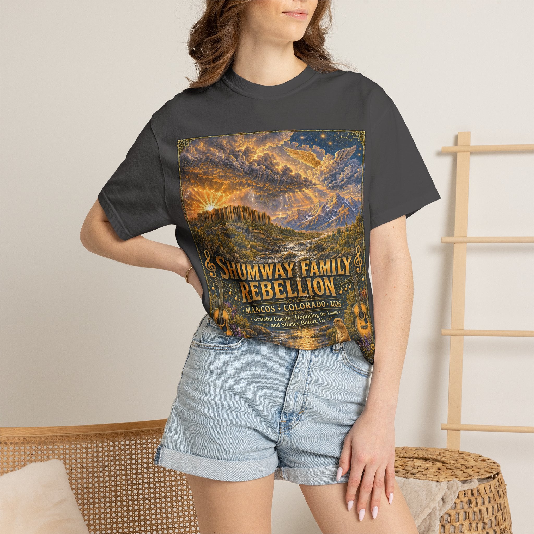 Shumway Family Rebellion T-shirt | Americana Sunset Landscape, Guitar Motif